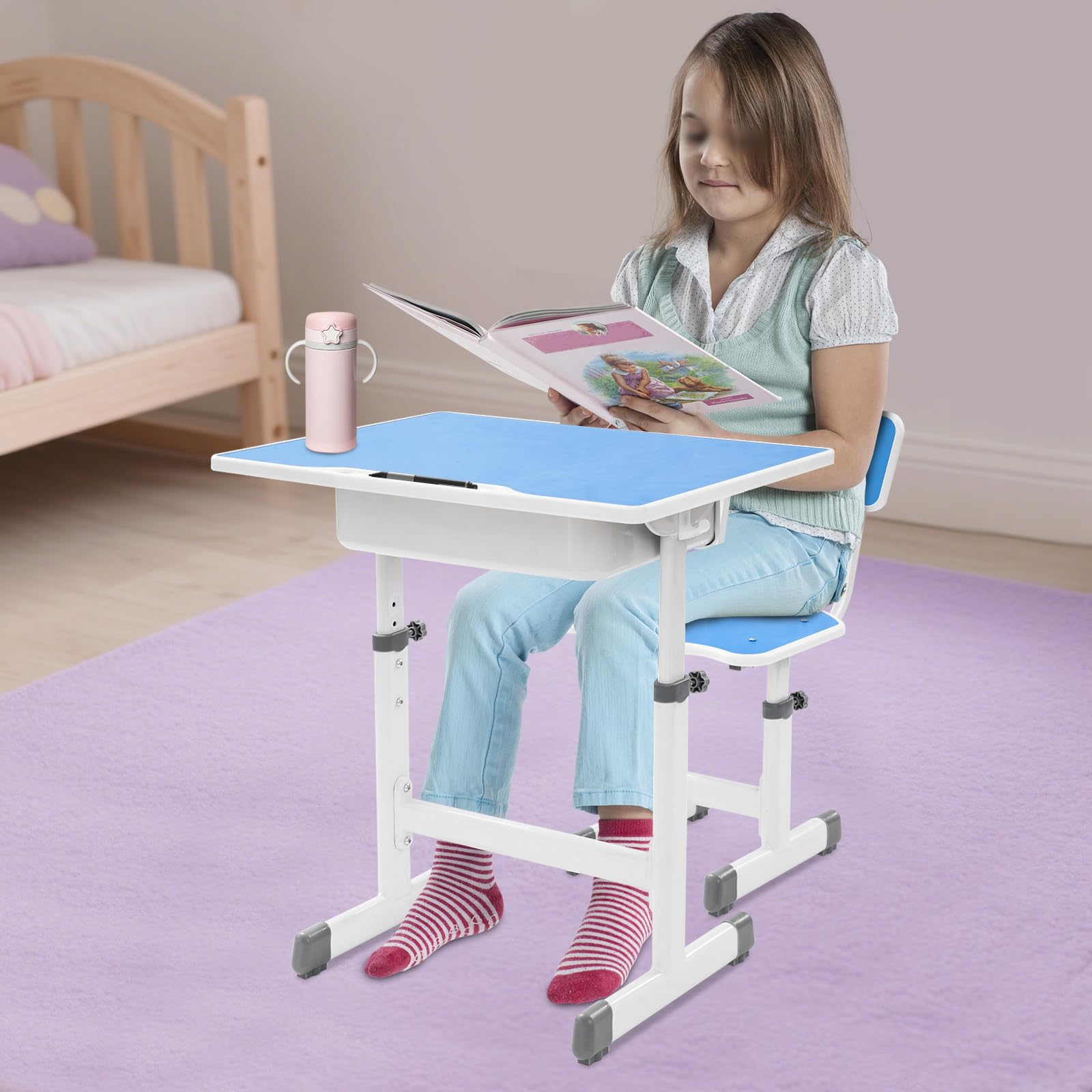 Biurko dziecięce, krzesło z regulacją wysokości, regulowane biurko i krzesło, zestaw biurka dla dzieci od 60 do 60 cm, powierzchnia robocza (60 x 40 cm) (niebieski)