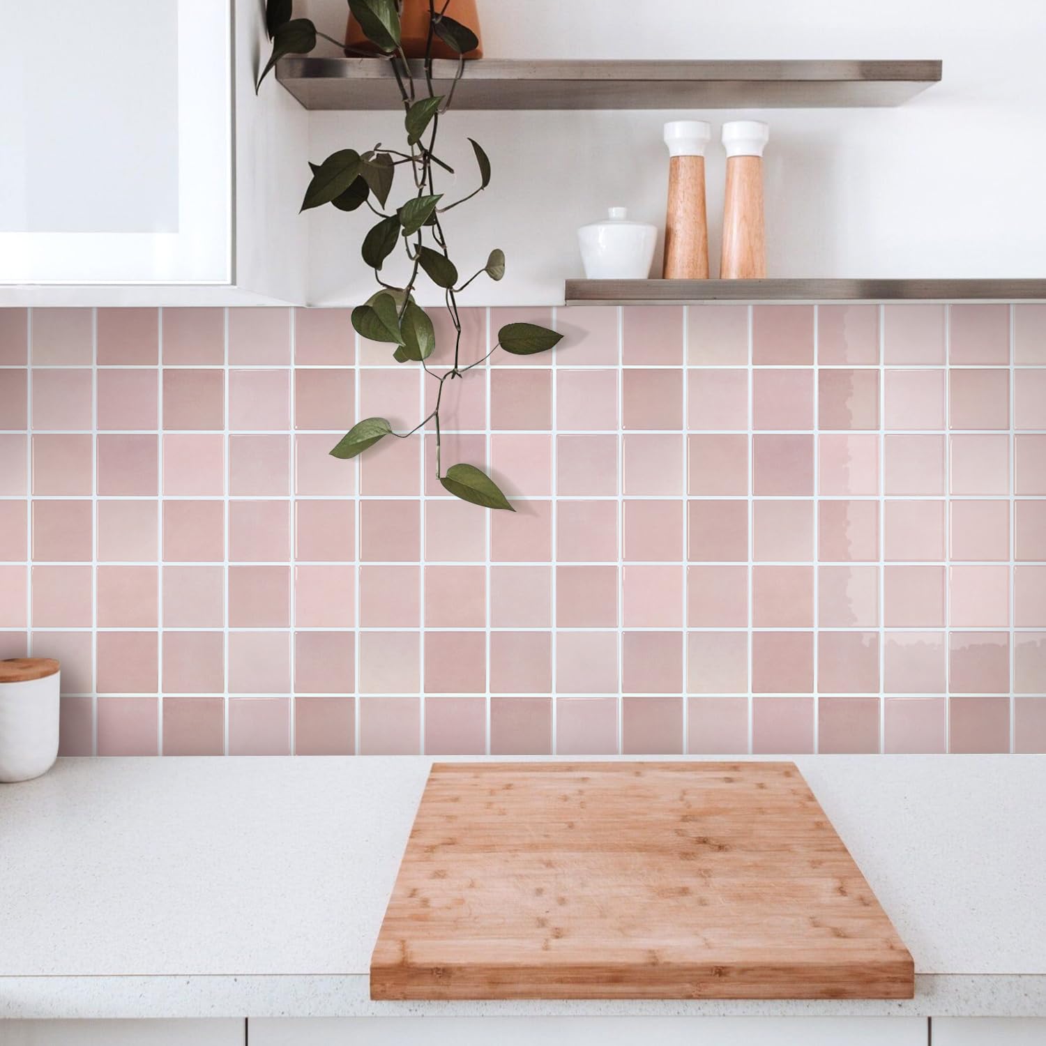 Piastrelle per paraschizzi rosa più spesse, 30,5 x 30,5 cm, adesivi 3D lucidi, quadrati, per cucina, bagno, in vinile, impermeabili, per pareti interne