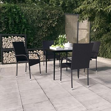 Garden Dining Set, Black PE Rattan Table and Chair Set for Outdoor, Patio, Balcony, Chairs, Seats 4, Wicker Design, Powder-Coated Steel, Modern