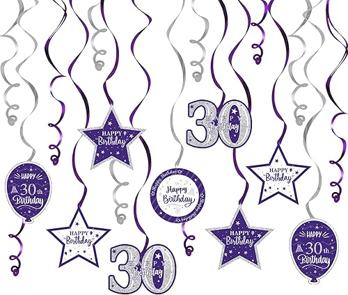 Miniatura 79 de Serpentinas de remolinos de cumpleaños feliz de 16 años con purpurina azul y plateada - Kit de 15 piezas de remolinos colgantes para el kit