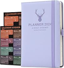 Academic Planner 2024, Daily Planner 2024 from January 2024 to December 2024, A5 Daily Planner with Feather Ring, Bookmarks, Monthly Stickers, Inner Pocket, 5.5" x 8.5" (Purple)