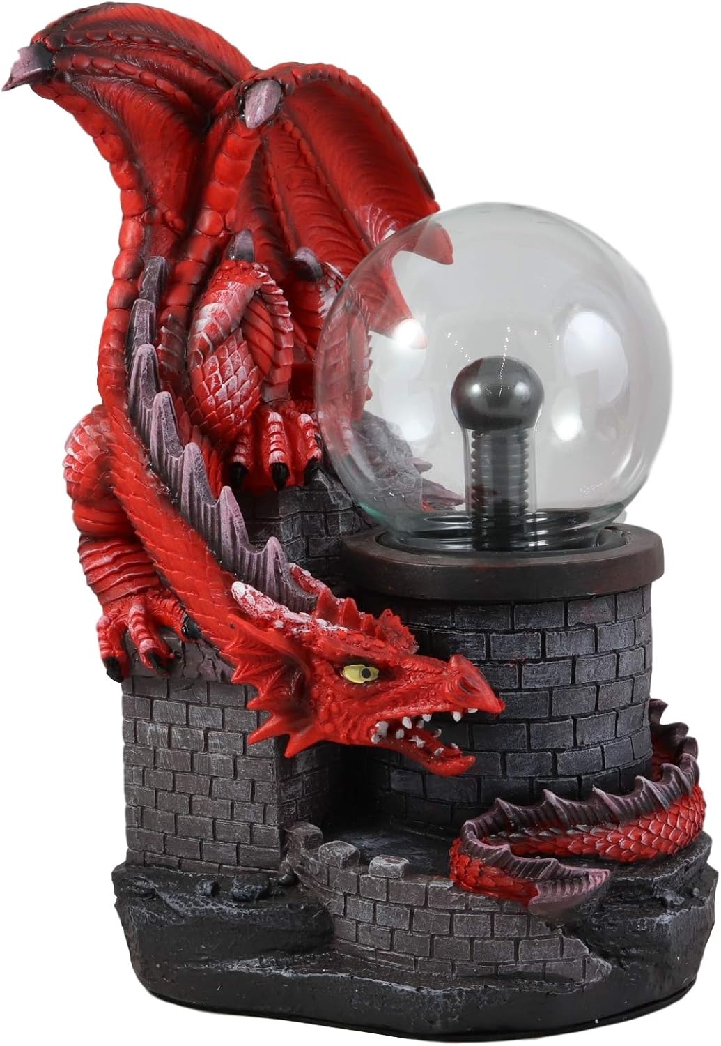 Ebros Large Dungeons and Dragons Red Fire Dragon Guarding Castle with Electric Plasma Sphere Ball Lamp Statue 11" Tall AC Powered Flashing Bolts Raging Lightning Lights Medieval Renaissance Decor