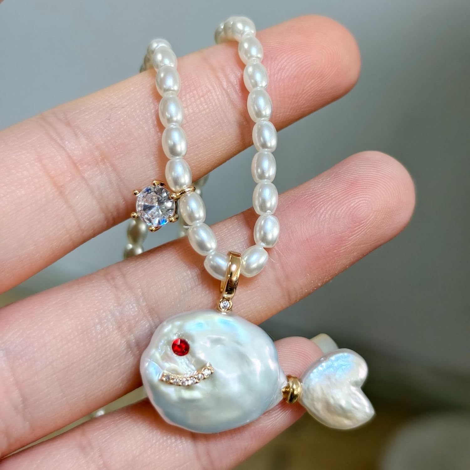 Fish Charm Choker Necklaces For Women, Chunky Natural Freshwater Pearls Irregular Fish Shape Pendant Baroque Pearl Chain Cubic Zirconia Summer Beach Jewelry Gift