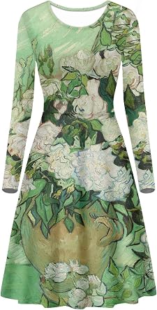ENLACHIC Womens Vintage Van Gogh 3D Print Long Sleeve Casual Flared A Line Midi Dress Plus Size