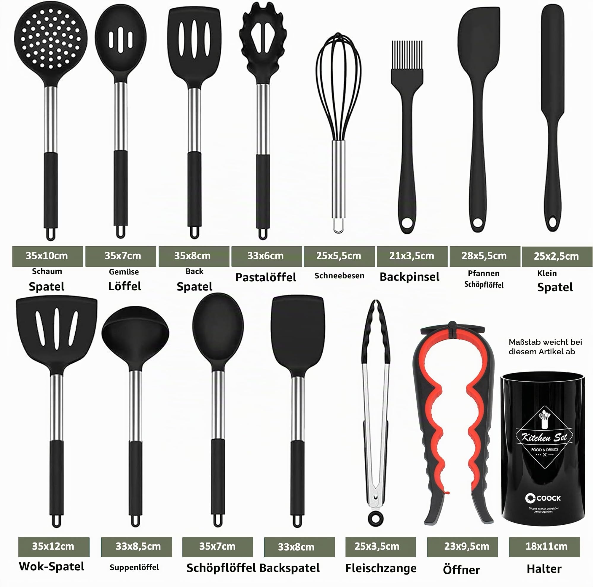 Schneebesen, Pfannenwender, Kartoffelstampfer, Besteck Set, Sieb, Teigschaber & Salatbesteck – COOCK 26-tlg XL Küchenutensilien Set Schwarz mit Halter – Silikon & Edelstahl – Spülmaschinenfest