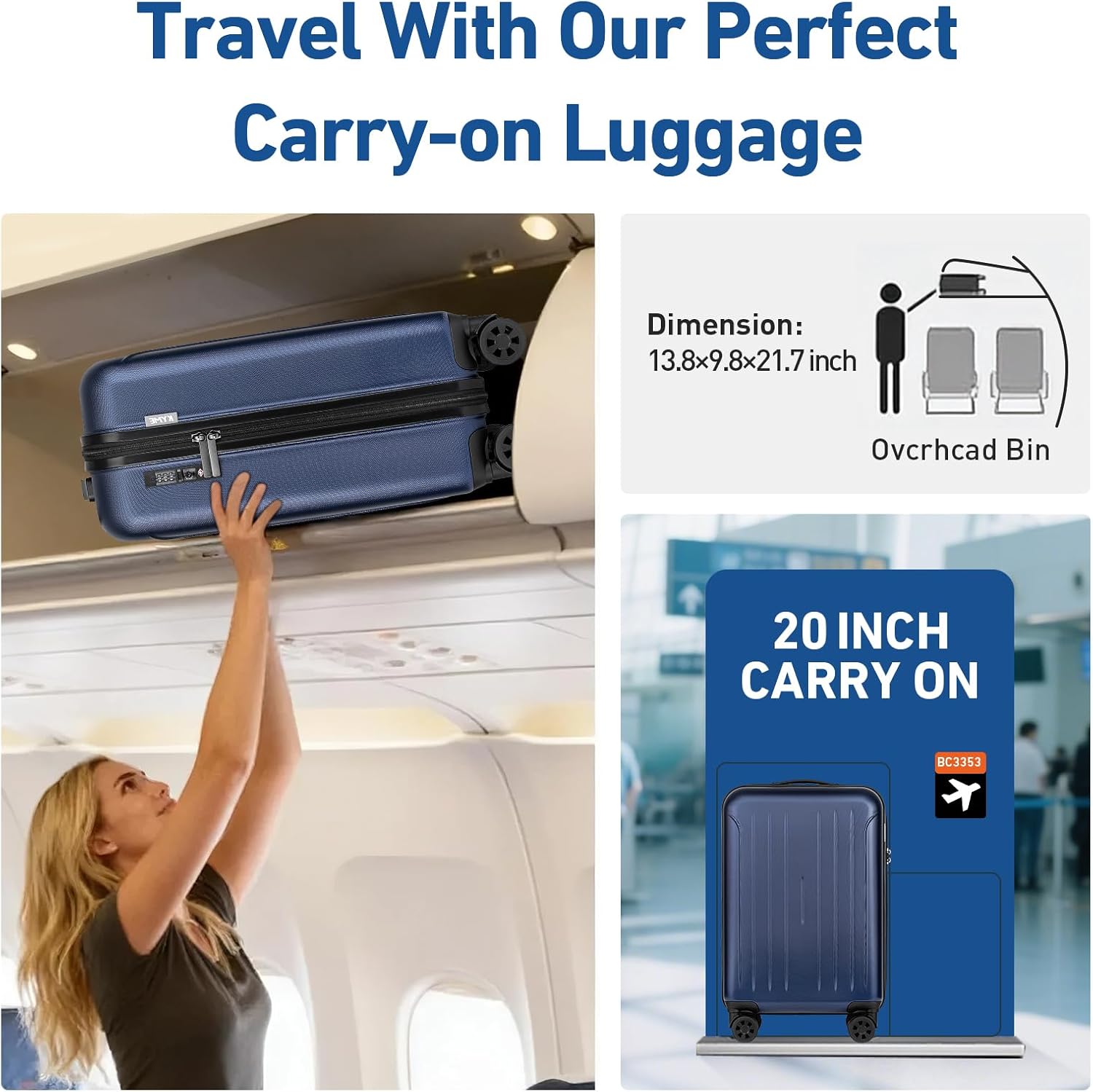 KYME Carry on luggage 22x14x9 Airline Approved Suitcase Hardshell With Double Spinner Wheels, PC+ABS TSA Lock Travel Luggage (Navy Blue, 20" Carry On)