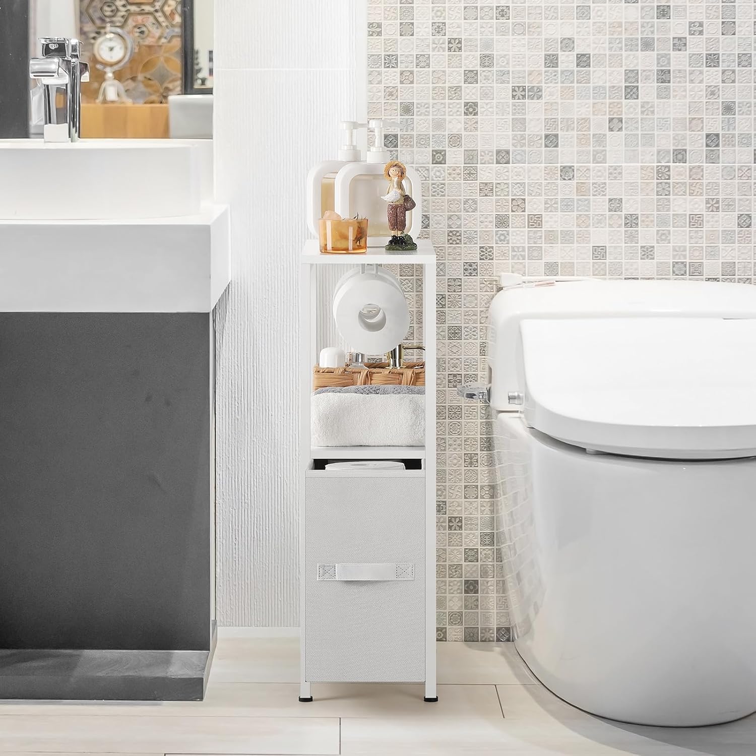 Bathroom Floor Storage Cabinet White Toilet Paper Holder Stand with Fabric Drawer & Open Storage Shelves Slim Toilet Storage Cabinet for Small Spaces, Hold up to 11 Rolls of Paper
