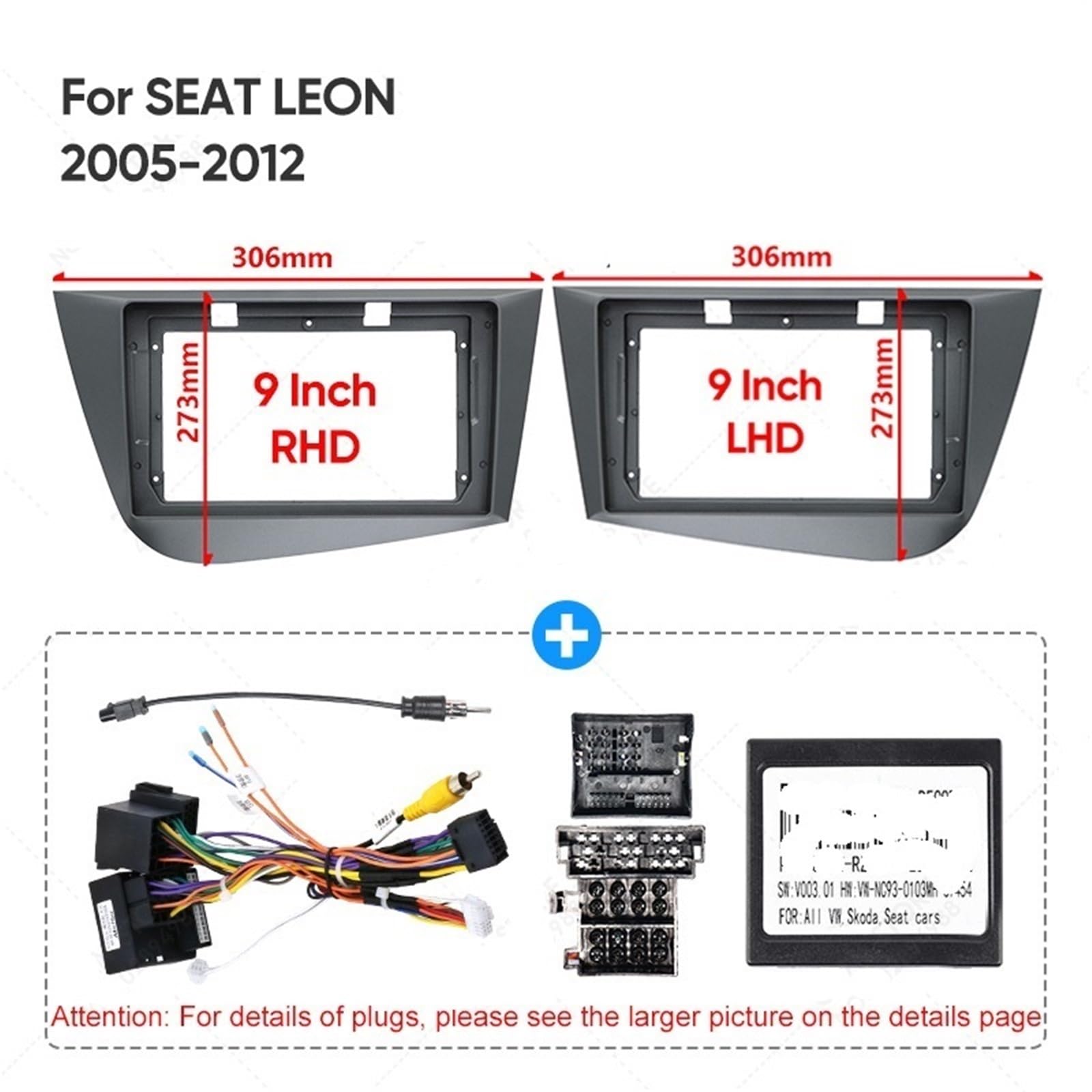 Rama radia samochodowego Samochodowe ramki montażo Pasuje do SEAT LEON 2005-2012 9-calowa rama radia samochodowego multimedialnego, uchwyt montażowy deski rozdzielczej, kabel adaptera