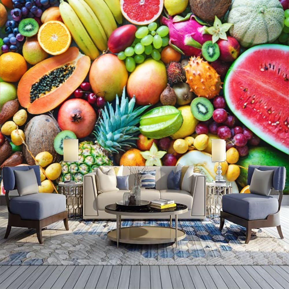 Fresh Fruits Wall Stickers, Delicious Food 3D Print Wall Mural, Peel and Stick Self-Adhesive Wallpaper Removable Large Sticker Office Living Room tv Background 55''Wx40''L-PVC