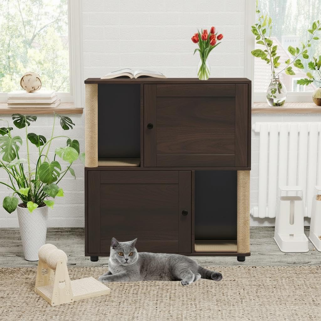 2 Tier Enclosed Litter Box Enclosure with Scratching Post and Dual Mats, Double Litter Box Enclosure Furniture for 2 Cats, Wood Cat Kitty House Cabinet Walnut
