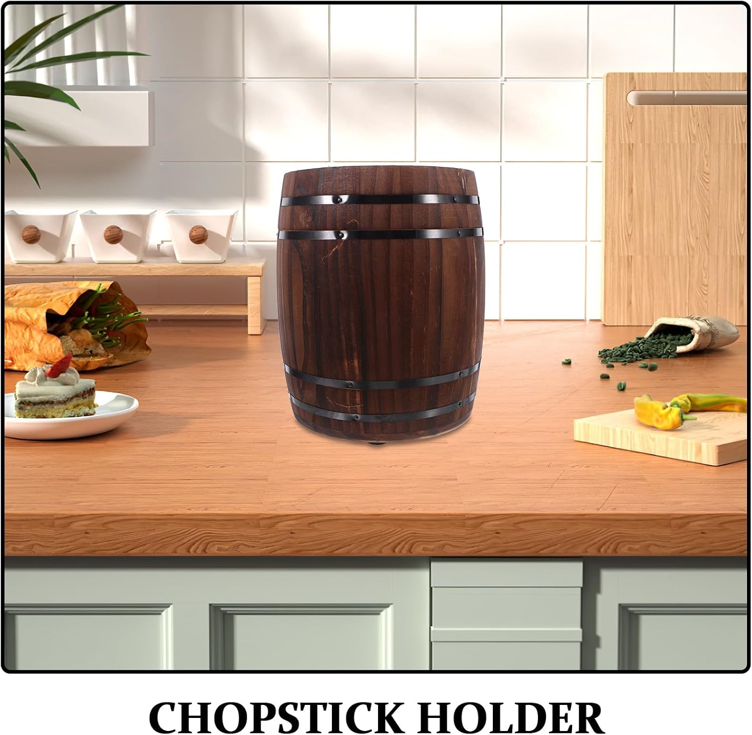 Luxshiny Wooden Chopstick Box Organizer Barrel Shape 7.27x5.7in Rustic Utensil Crock for Chopsticks, Spoons Storage Suitable for Kitchen Counter and Dining Table