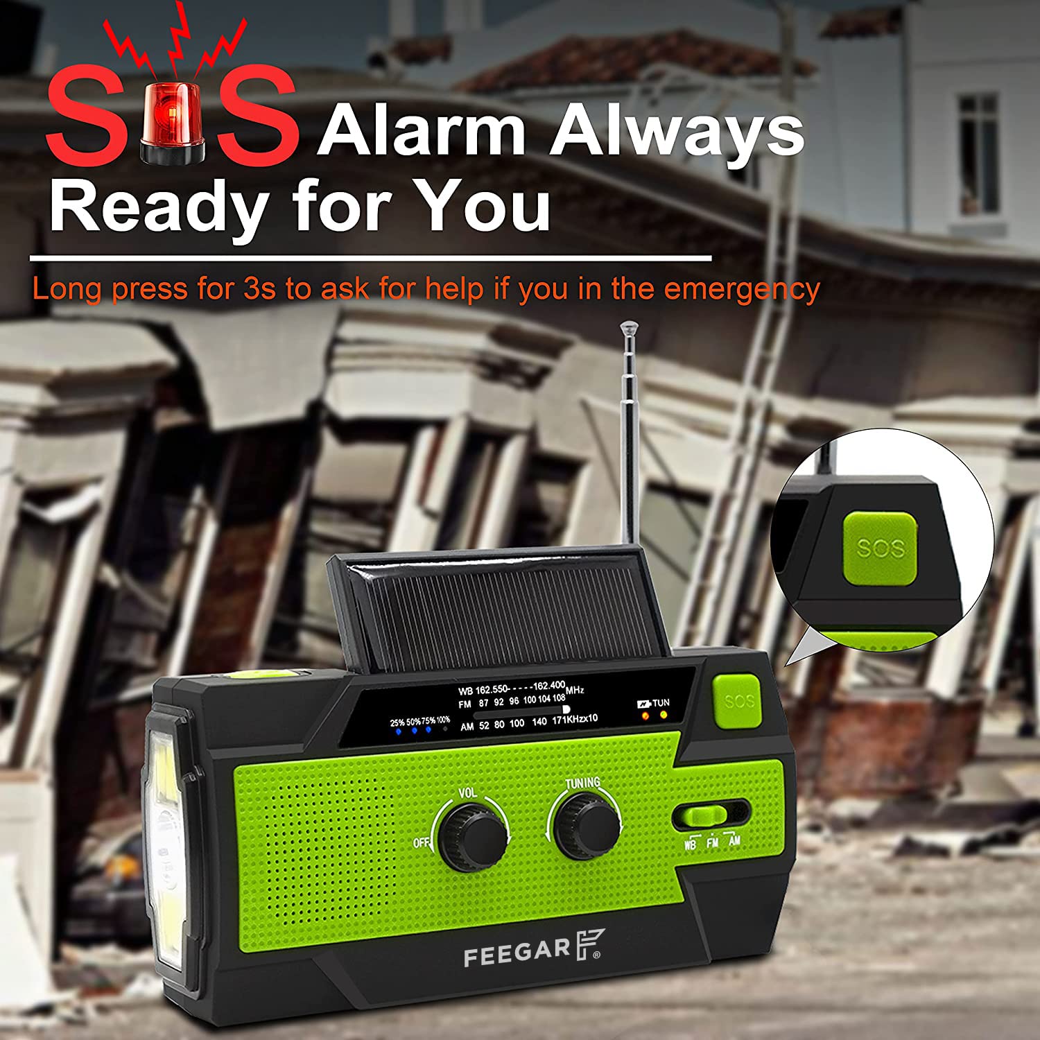 Radio solar de emergencia Feegar Oze 2 Pro radio de manivela para situaciones de emergencia AM/FM radio de supervivencia portátil, linterna LED de 4 modos, alarma SOS, banco de energía 4000mAh