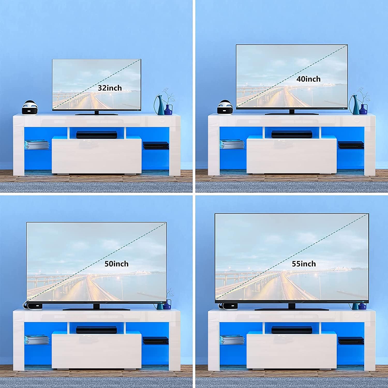 Modern TV Stand with LED Lights for TVs up to 60 Inches, Glossy LED TV Entertainment Stand with Storage, Entertainment Center Media Console for Media Player, TV Media Furniture,White