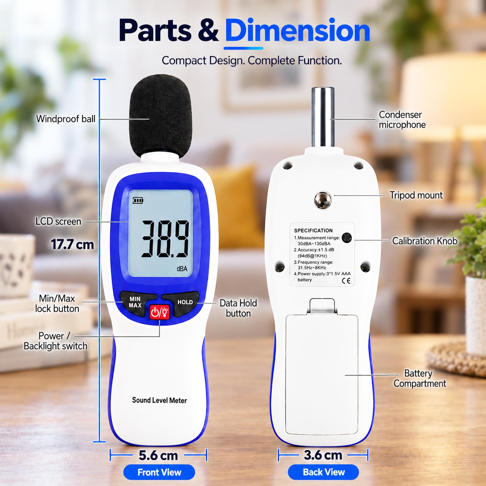 Decibel Meter Bluetooth, Portable Sound Level Meter with Data Logging, Can Fit with Smartphone App Recording, 30 to 130dBA Noise Decibel Meter SPL Meter w/Data Hold MAX MIN Alarm Backlit LCD Display — Amazon image 6