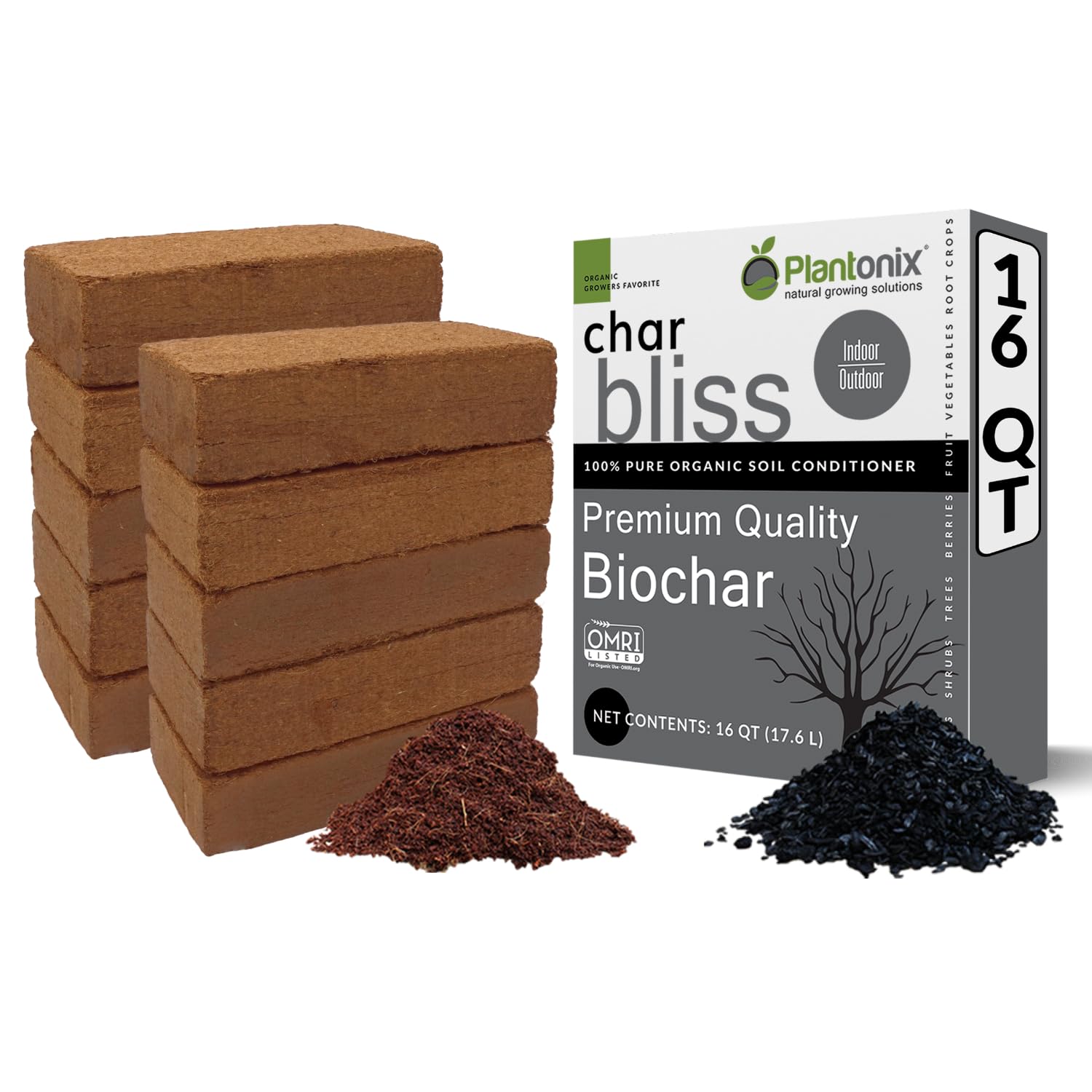 Coco Coir 650gm Bricks (10-Pack) + Char Bliss (16 Qts) - Organic Coco Coir Bricks & Biochar for Plants - Coconut Coir for Plants - Biochar Soil Amendment - Charcoal for Plants - Potting Soil Mix