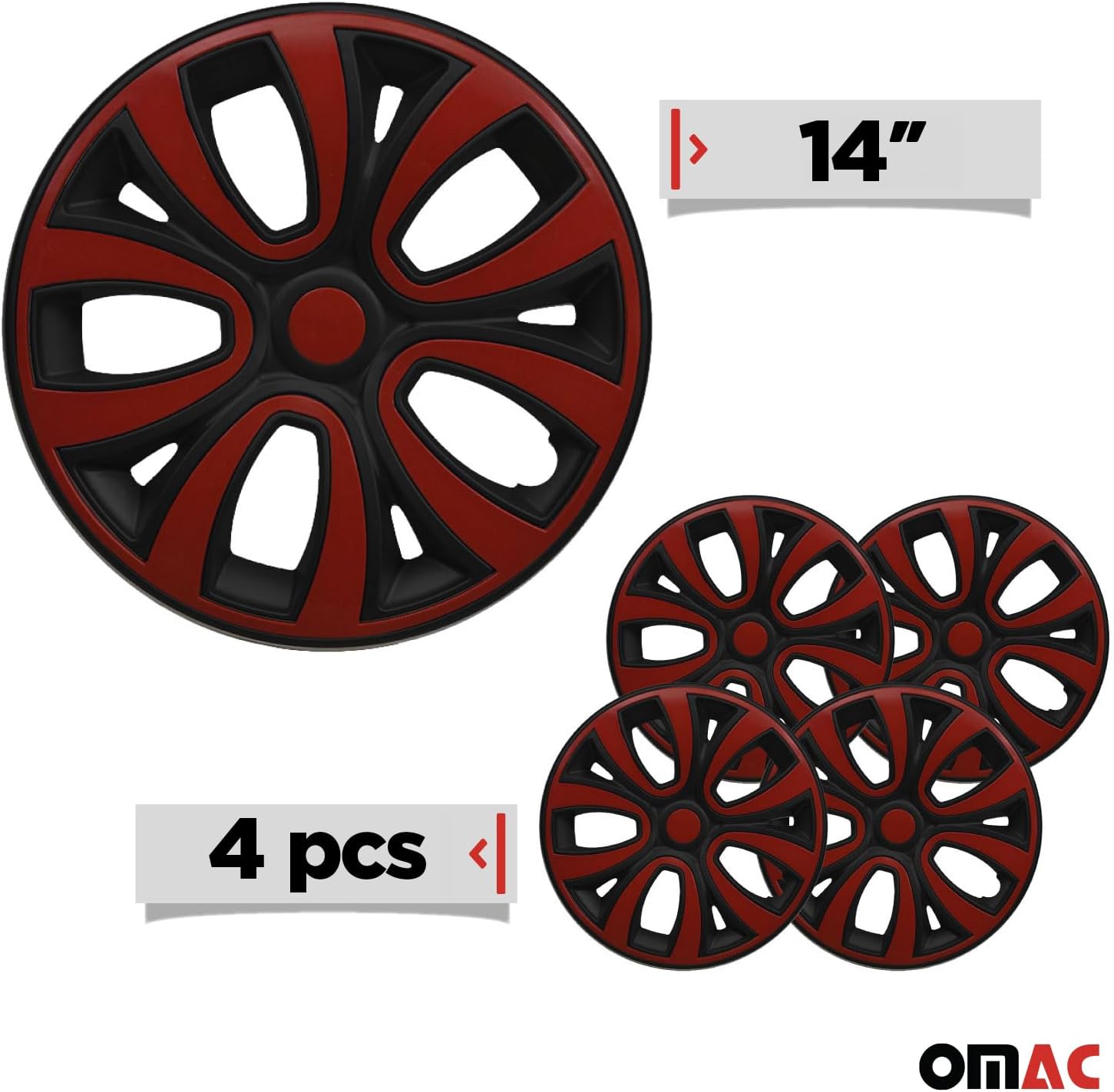 OMAC - Black with Red Hub Caps 14 Inch Set of 4, Tapas para Rines 14, Premium Wheel Covers 14 Inch, R14 Rim Cover Set, Snap On Durable Car Replacement Exterior Accessories