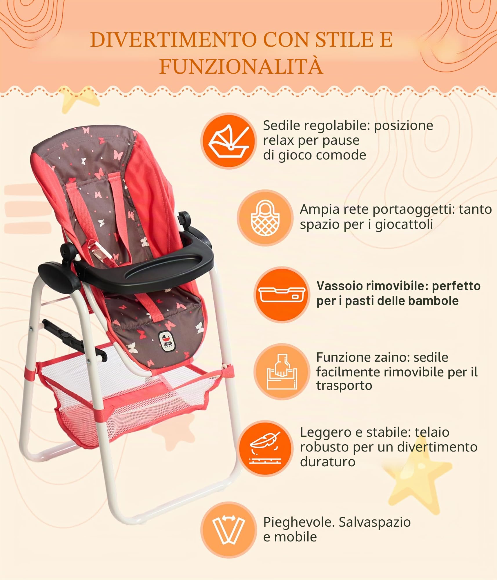 Bayer Chic 2000 - Seggiolone per bambole, seggiolone per bambole, mobili per bambole, accessori per bambole, grigio melange, rosa, piccolo