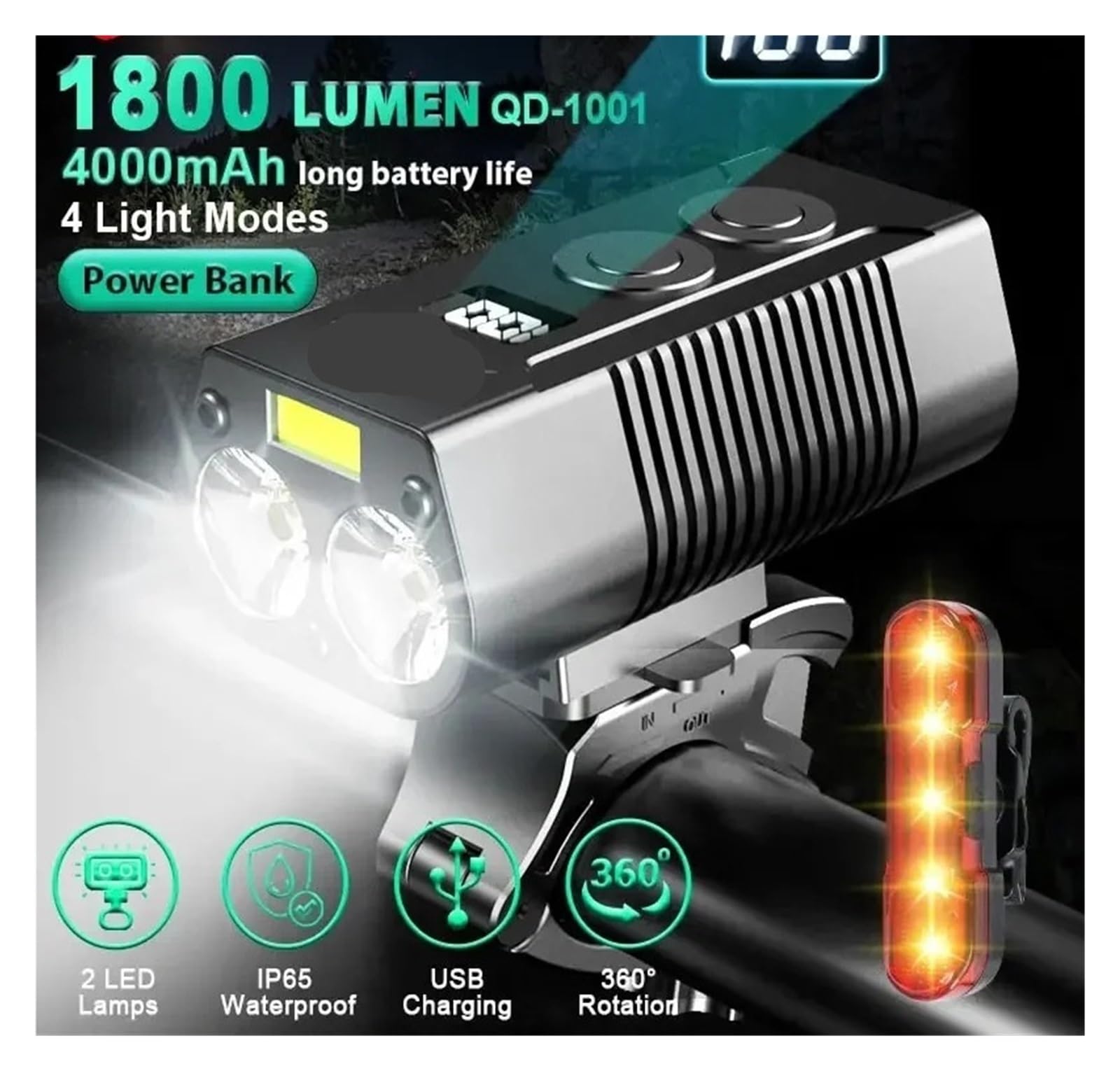 1 luz Delantera de Bicicleta de Aluminio Resistente a la Lluvia de 4000 mAh.
