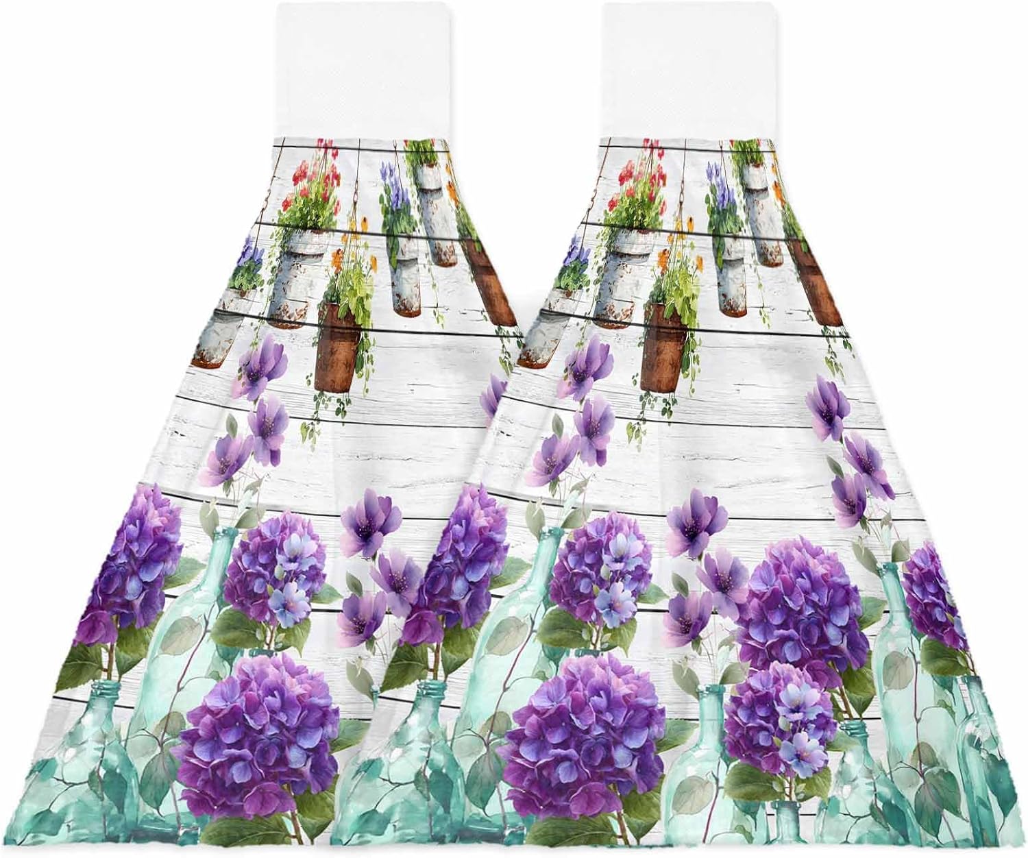 Spring Purple Flowers Kitchen Hand Towels with Hanging Loops Set of 2 Botanical Vases Pots Floral Wooden Soft Thick Oven Fingertip Dry Microfiber Tie Dish Towel Absorbent Cleaning Washcloth