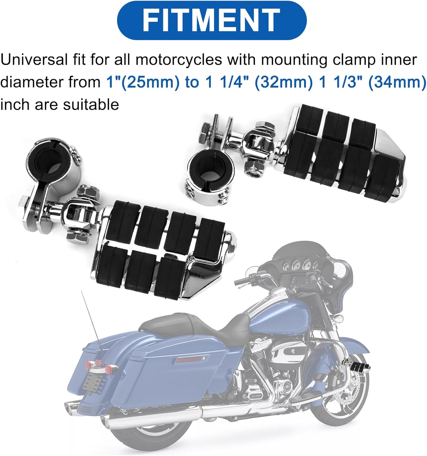 PSLER Motorcycle Universal Highway Pegs Foot Rests, Crash Bar Highway Foot Pegs for Touring Electra Street Glide Road King Sportster, 1"(25mm), 1 1/4" (32mm), 1 1/3" (34mm) Engine Guard(Chrome)