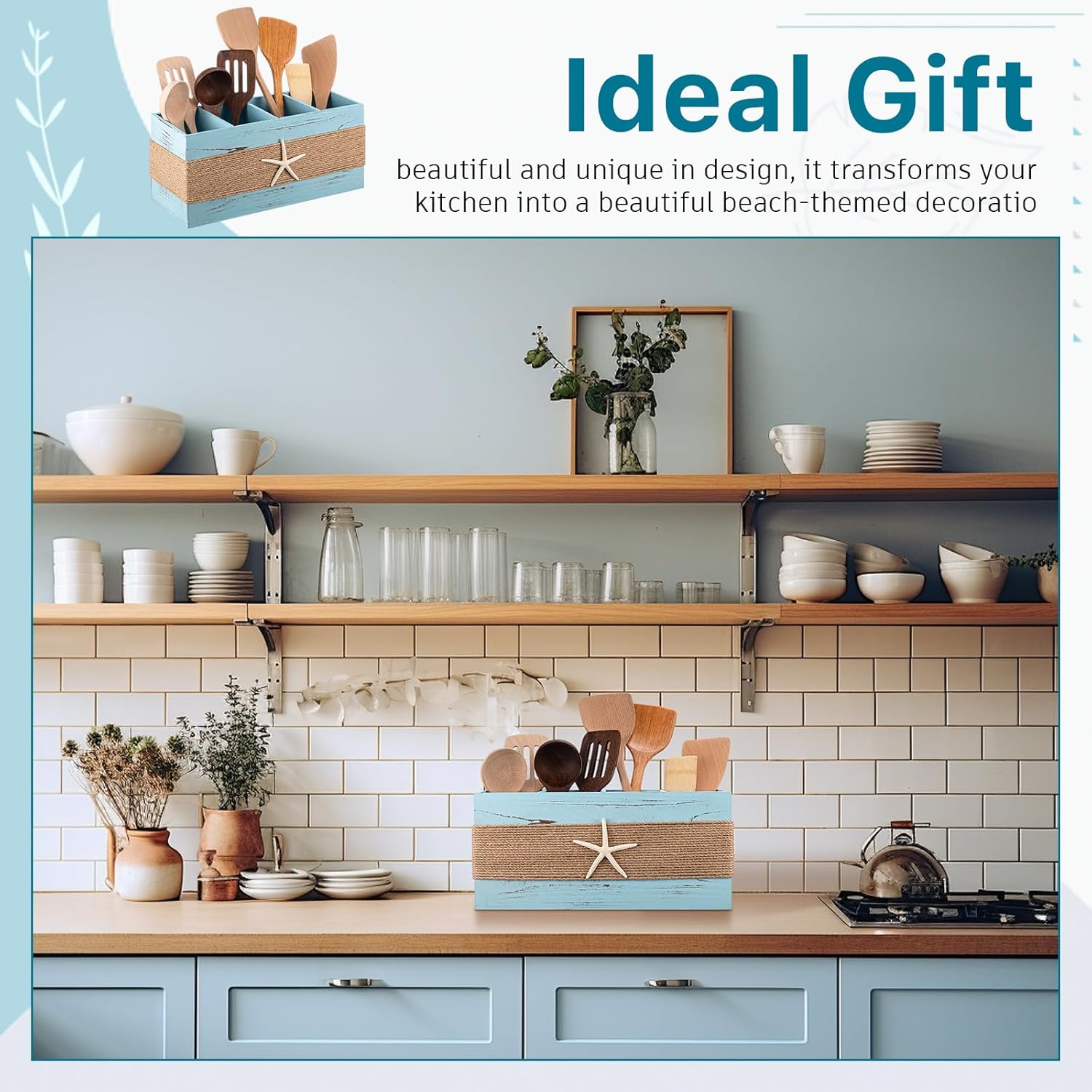 Coastal Utensil Holder with Starfish, Coastal Kitchen Decor, Large 4-compartment Wooden Utensil Organizer, Detachable DIY Size, Nautical Beach House, Gift for Ocean Lovers, 15.75 Inch(Blue)