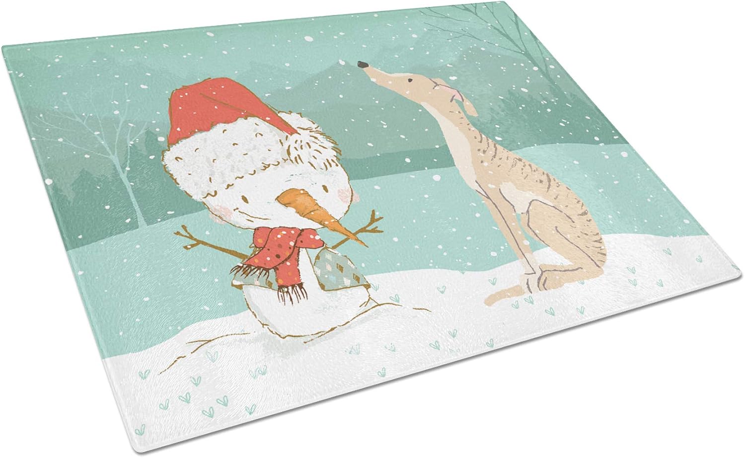 Caroline's Treasures CK2043LCB Brindle Greyhound Snowman Christmas Glass Cutting Board Large Decorative Tempered Glass Kitchen Cutting and Serving Board Large Size Chopping Board