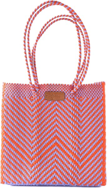 Positano Woven Tote Bag, Orange & Purple Beach Bag, Eco-Friendly Recycled Plastic Handbag, Water-Resistant, Handcrafted by Artisans Spacious & Durable Shoulder Bag