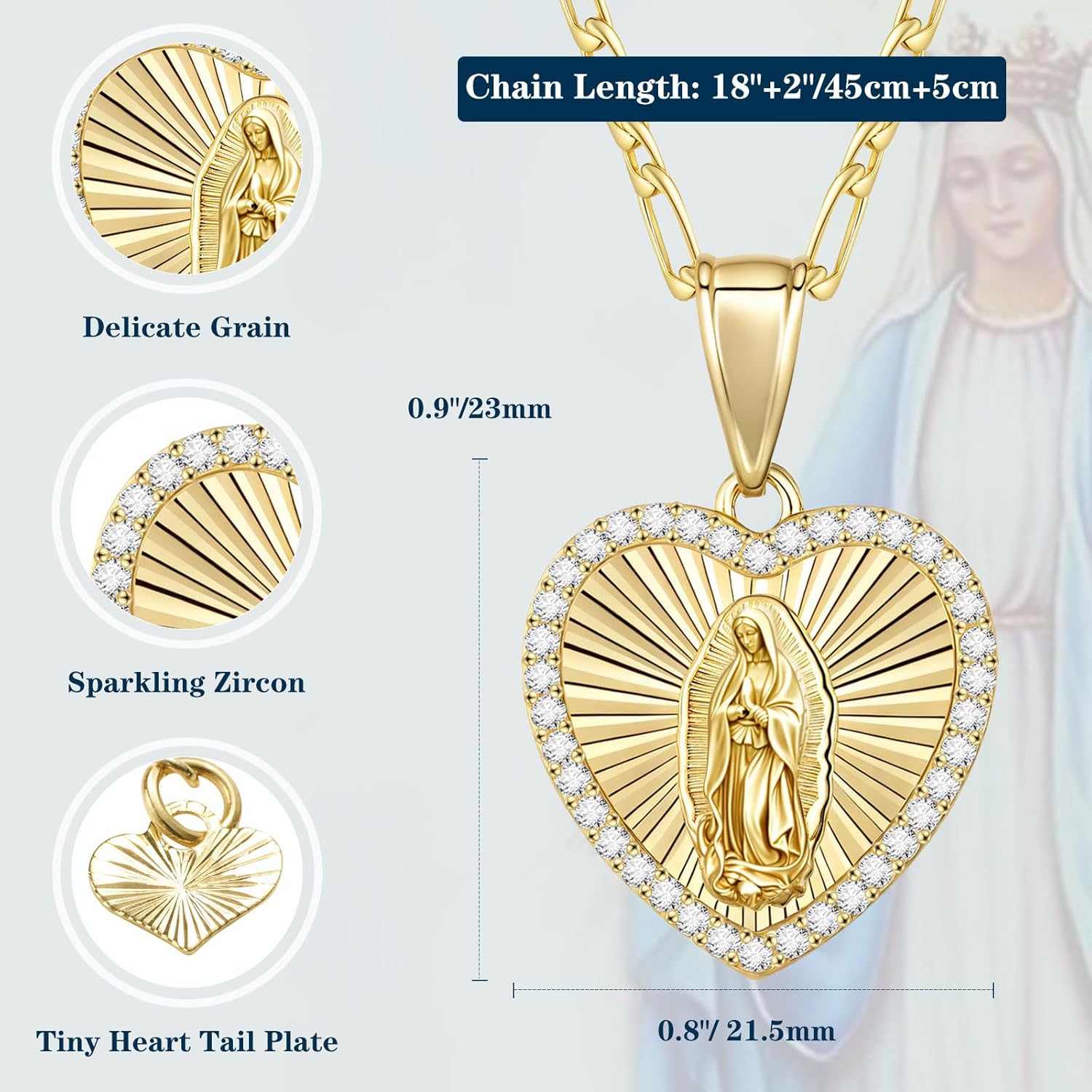 Catholic Gift Virgin Mary Necklace for Women, 14K gold plated Guadalupe Pendant Necklace Mother Mary, Cubic Zirconia Virgen de Guadalupe Charm Lady of Guadalupe Womens Jewelry Gift, 18/20/24 IN Chain - Image 6