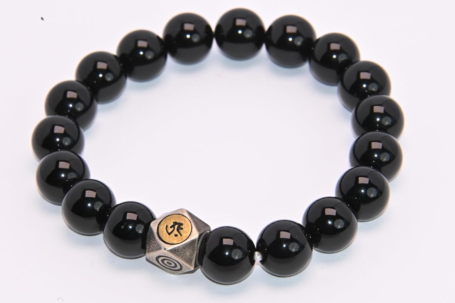 Natural Black Obsidian Beaded Bracelet with Metal Charm, Polished Stone Beads, Elastic Stretch Design, Unisex Protection Jewelry