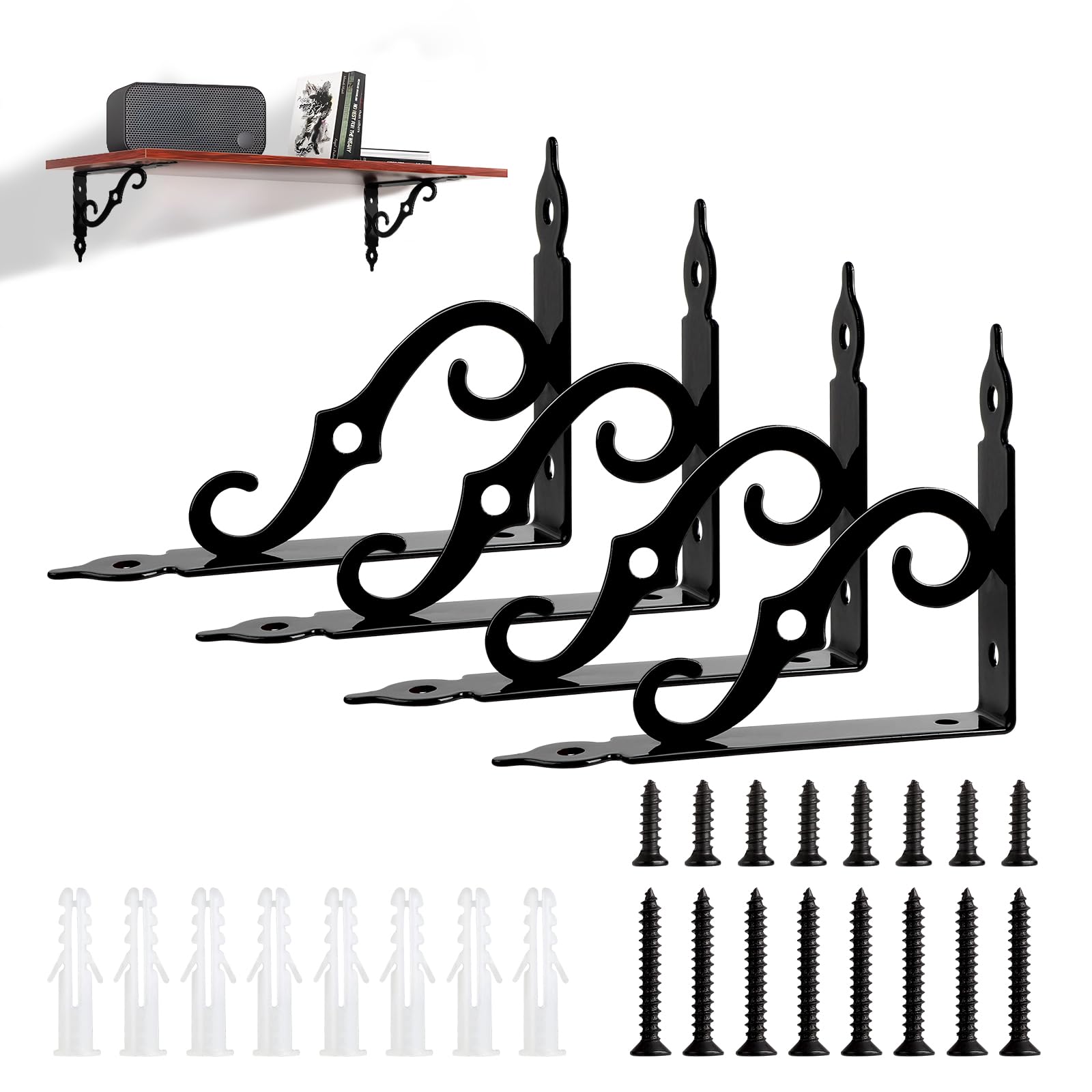 LALAGO Pack of 4 Shelf Brackets, Black Metal, 19 cm, Shelf Brackets, Vintage, Antique Style S-Shaped Shelf Brackets