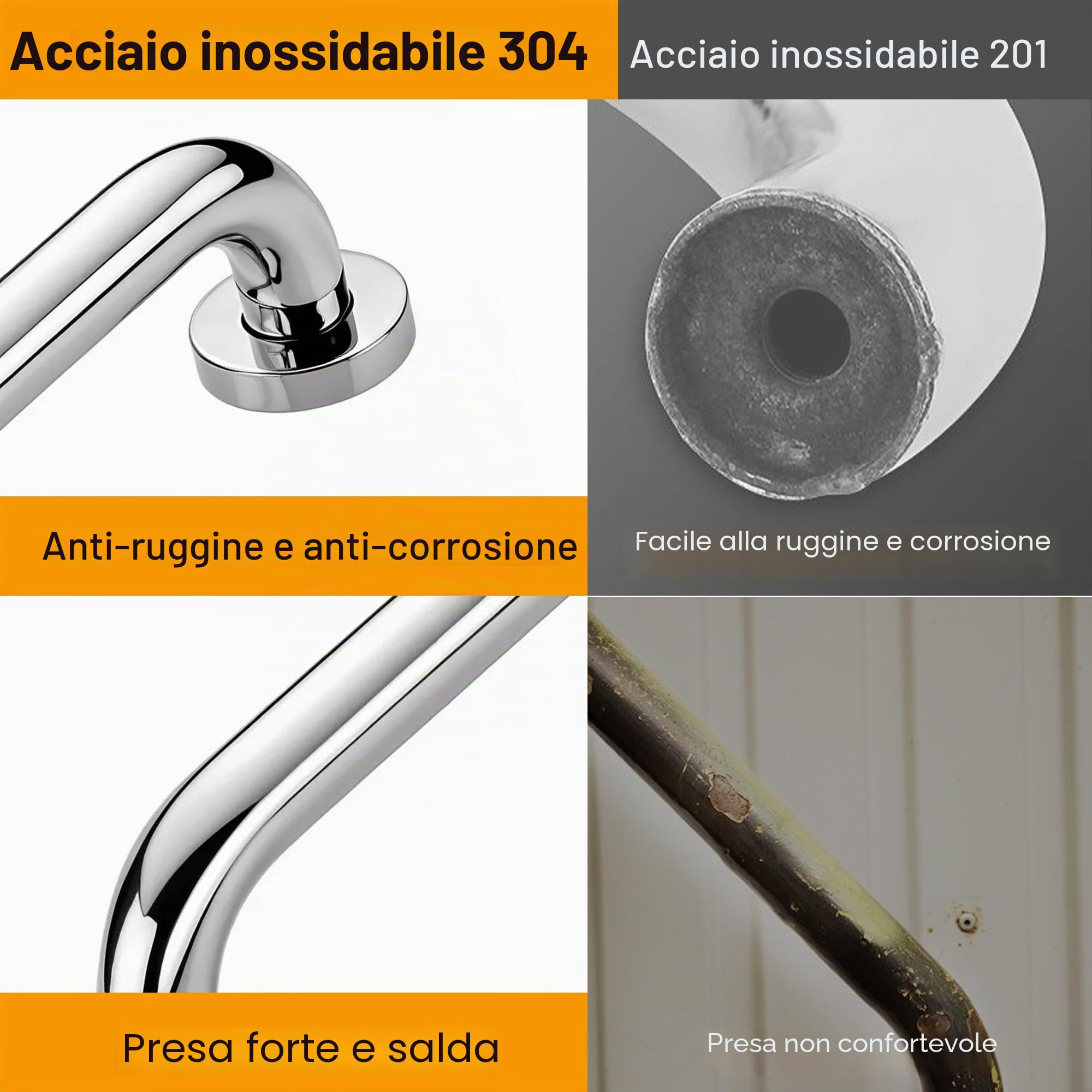 Barra di sostegno antiscivolo in acciaio inossidabile 304 – Maniglia di sicurezza per bagno, doccia, vasca da bagno, WC, cucina e scale, guida di assistenza per disabili e anziani (50 cm, 1 pezzo)