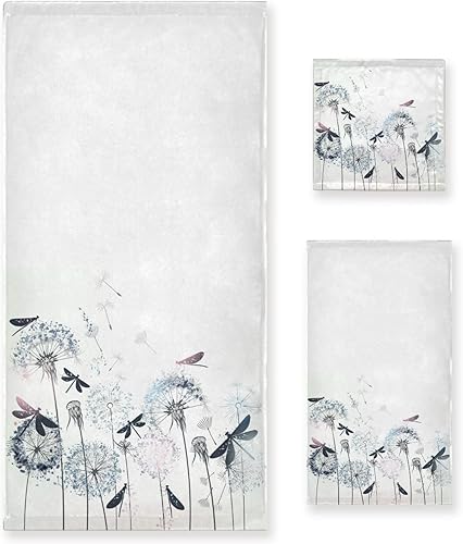 Juego de toallas de baño de libélula para baño, juego de toallas absorbentes de diente de león floral libélula decorativas para hombres y mujeres,
