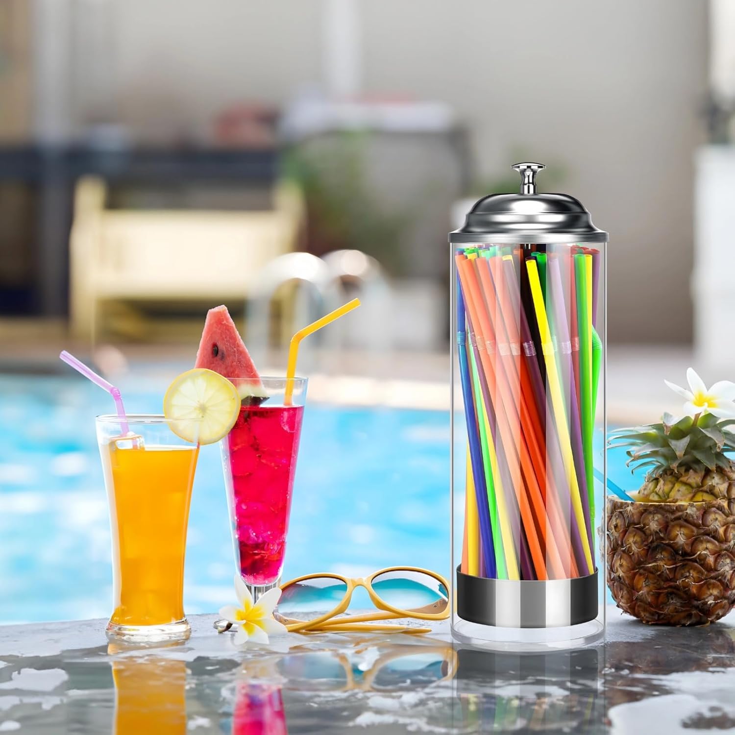 Countertop Straw Organizer With Glass Body & Metal Lid - 11.2X3.5X3.3 Storage Container For Kitchen Or Bar