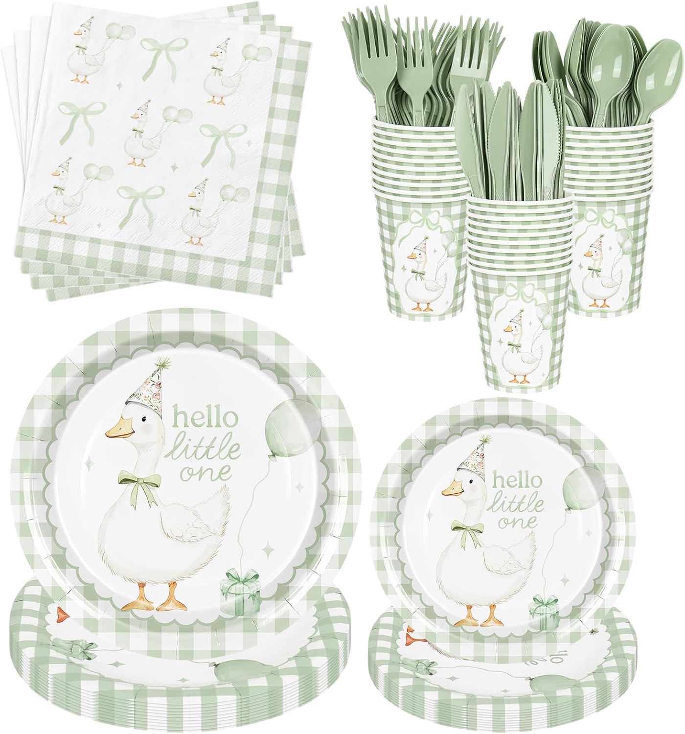 FYSUIMU One Silly Goose Party Tableware Set Hello Little One Summer Birthday Party Kit Green Plaid Paper Plates Napkins Fork Knife Spoon for 25 Guests Baby Shower Goose Birthday Party, 175Pcs