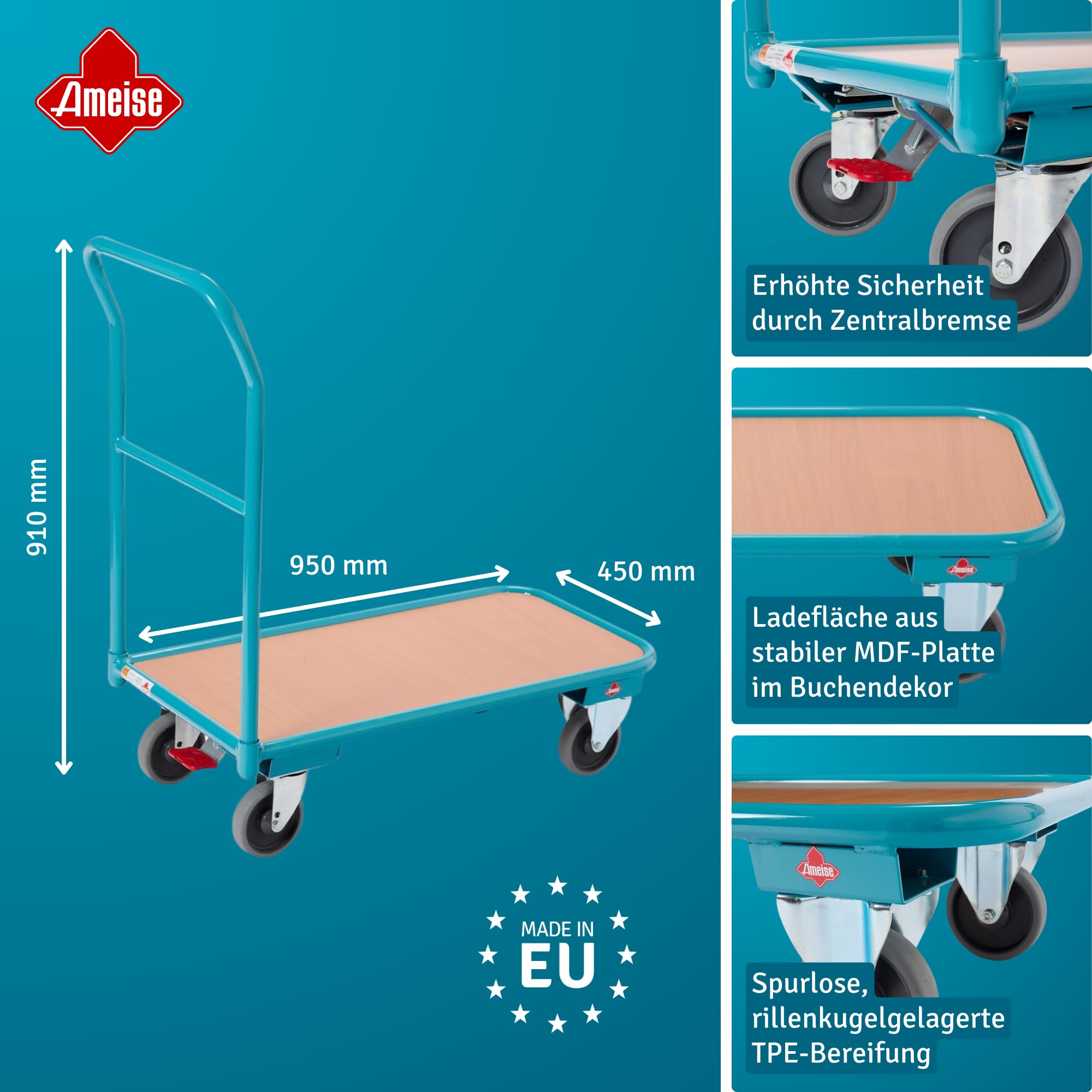 Ameise Magazinwagen | 200 kg Tragkraft | HxBxT 91 x 45 x 95 cm | Ladefläche BxT 45 x 85 cm | 4 TPE-Rollen mit Zentralbremse | stabiles Stahlgestell | stoß- und Kratzfest | bodenschonend