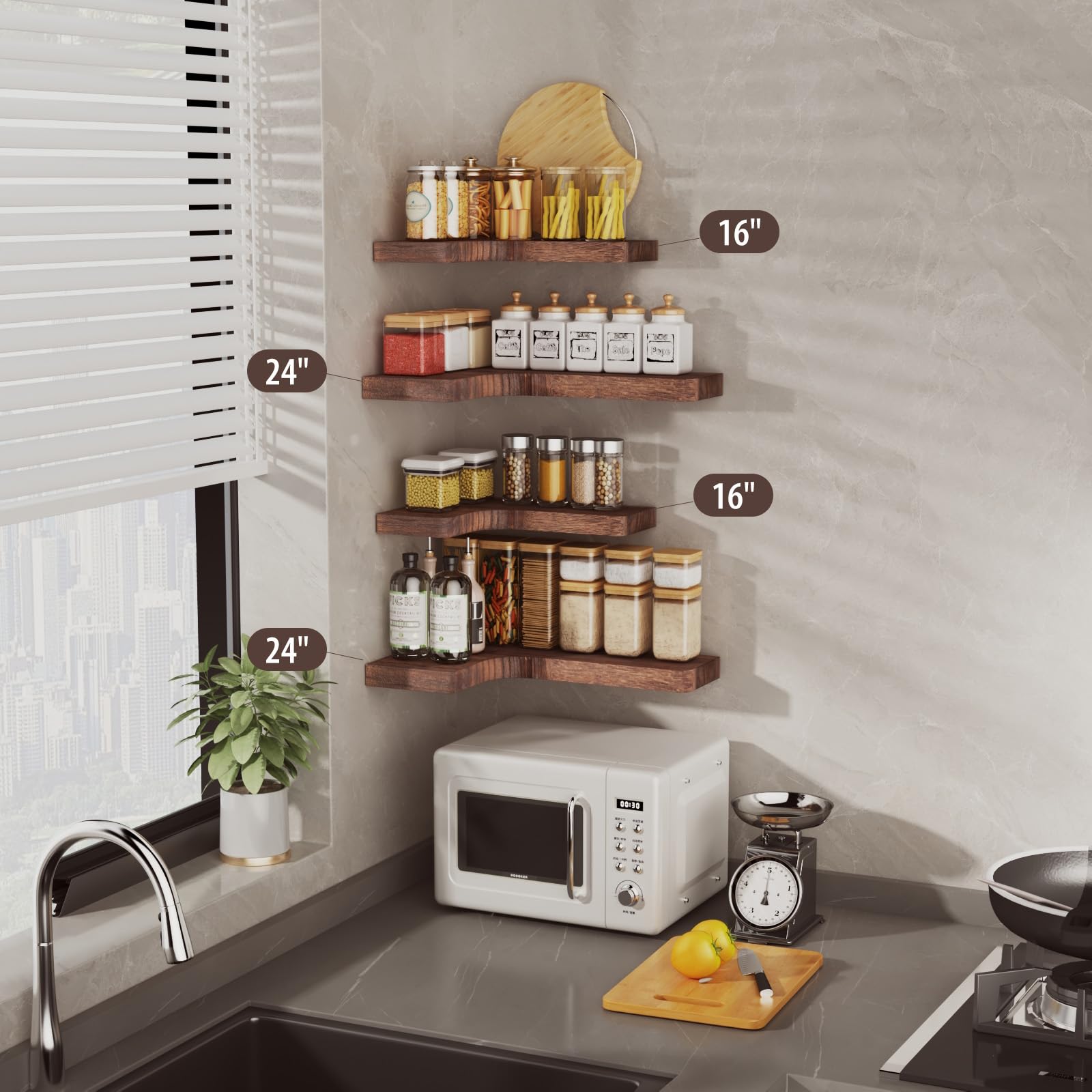 SAUMONIERES Estantes flotantes de esquina para montaje en pared, madera maciza para dormitorio, baño, cocina, almacenamiento, juego de 3, marrón rústico, soportes invisibles