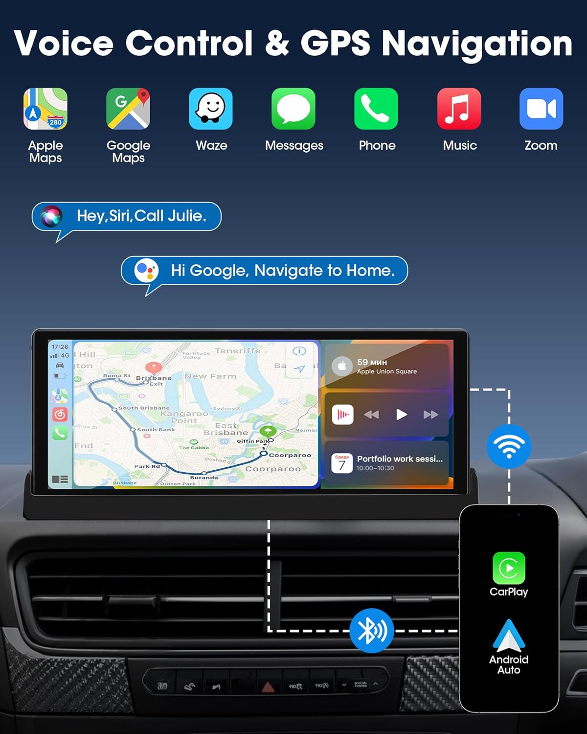 Image depicting voice control and GPS navigation features, showing icons for Apple Maps, Google Maps, Waze, Messages, Phone, Music, and Zoom, with voice commands 'Hey, Siri, Call Julie.' and 'Hi Google, Navigate to Home.'