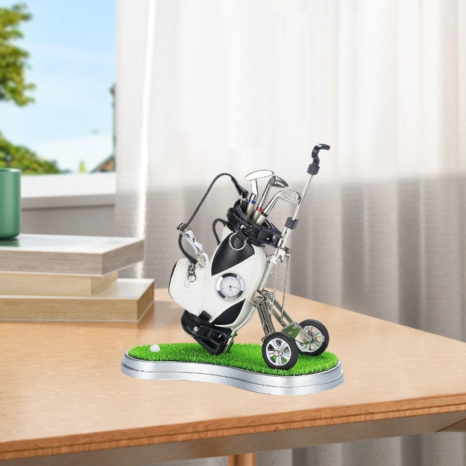 Mini Stiftehalter für Golftaschen mit Trolley Design Und Uhranzeige – Ideal Als Souvenirständer, Geschenk für Büro Und Zuhause, Schwarz-weiss