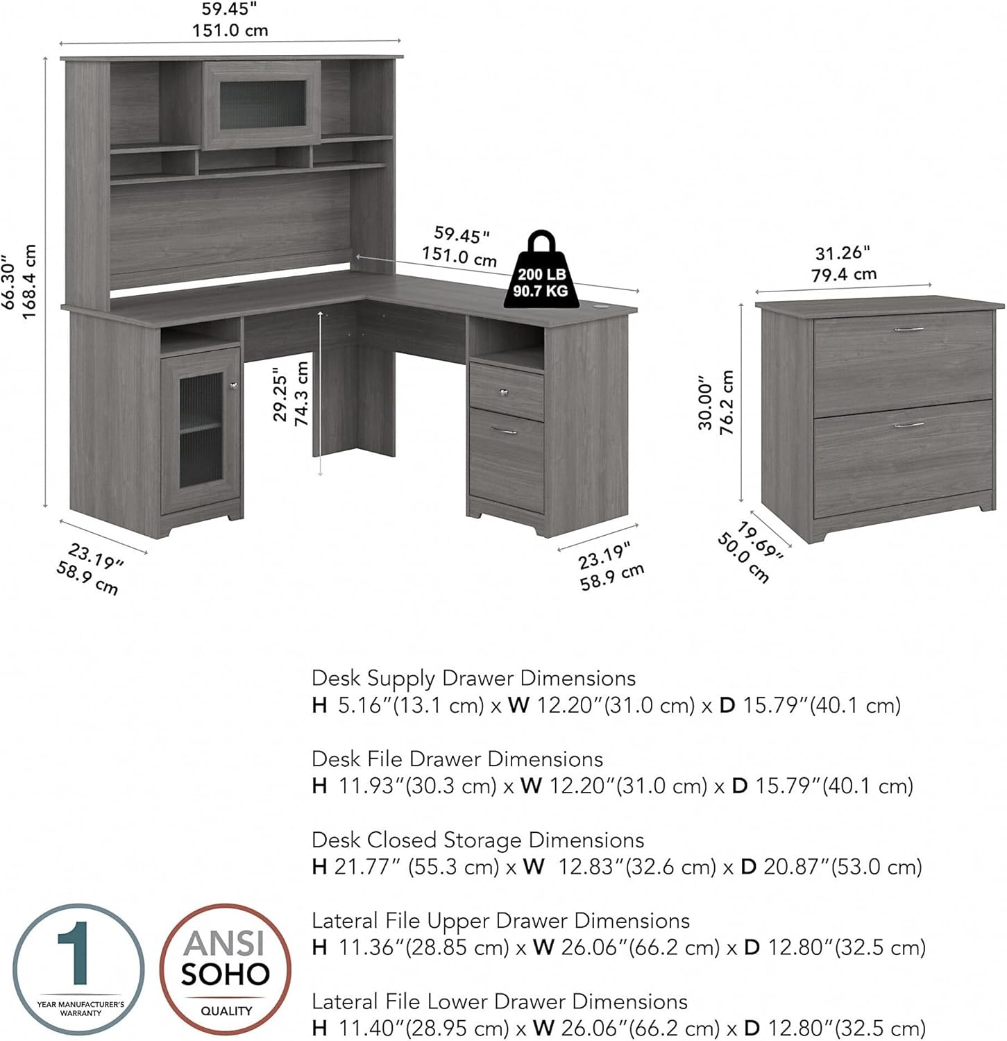Bush Furniture Cabot 60W L Shaped Computer Desk with Hutch and Lateral File Cabinet in Modern Gray