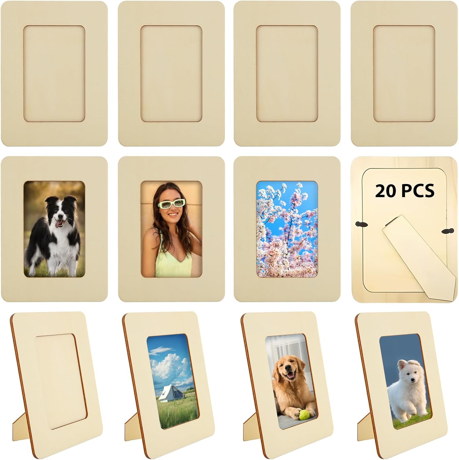 20 PCS DIY Wood Picture Frames Unfinished Wooden Photo Picture Frames for 5 x 7 In Photos Standing Postcard Picture Frame Set for Birthday Halloween Thanksgiving Paint and Decorate
