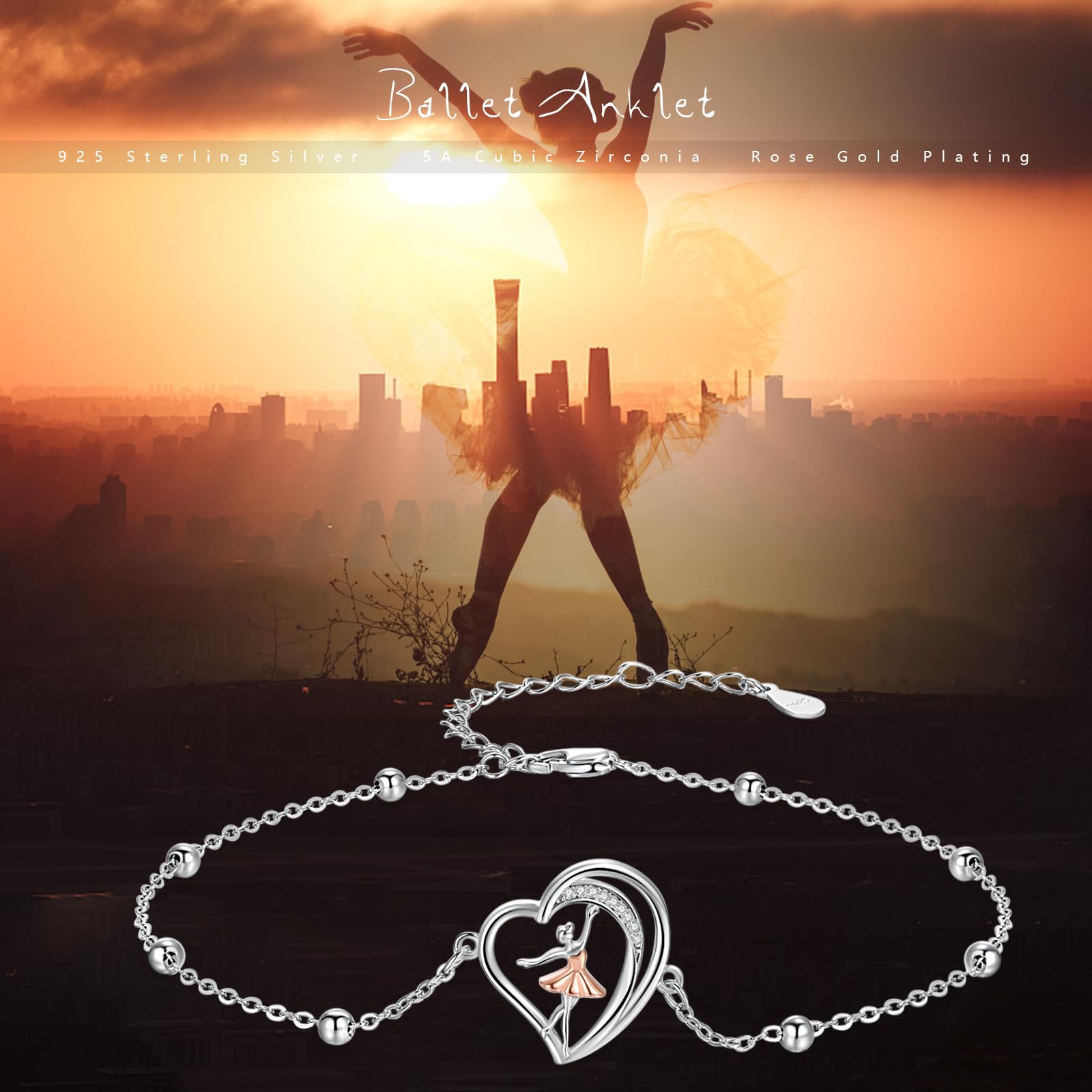 REDSUN Ballerina, cavigliera da donna, in argento Sterling 925, con cuore, da donna, per donna, ragazza, moglie, madre, regalo di compleanno