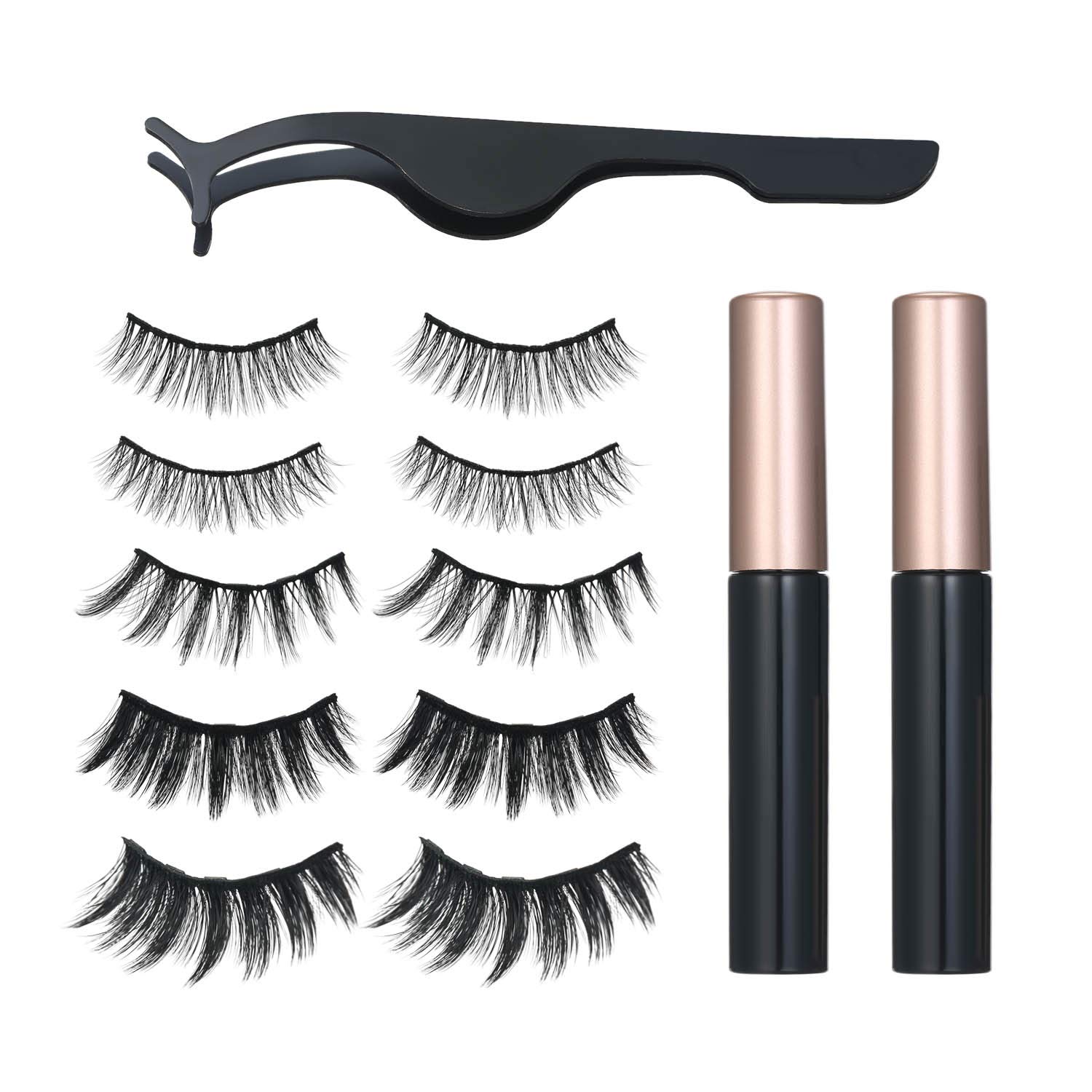 5 Pairs Eyelashs Set Magnet Liquid Eyeliner& Lashes & Tweezers Set Waterproof Long Lasting Eyelash Extension Makeup Tools