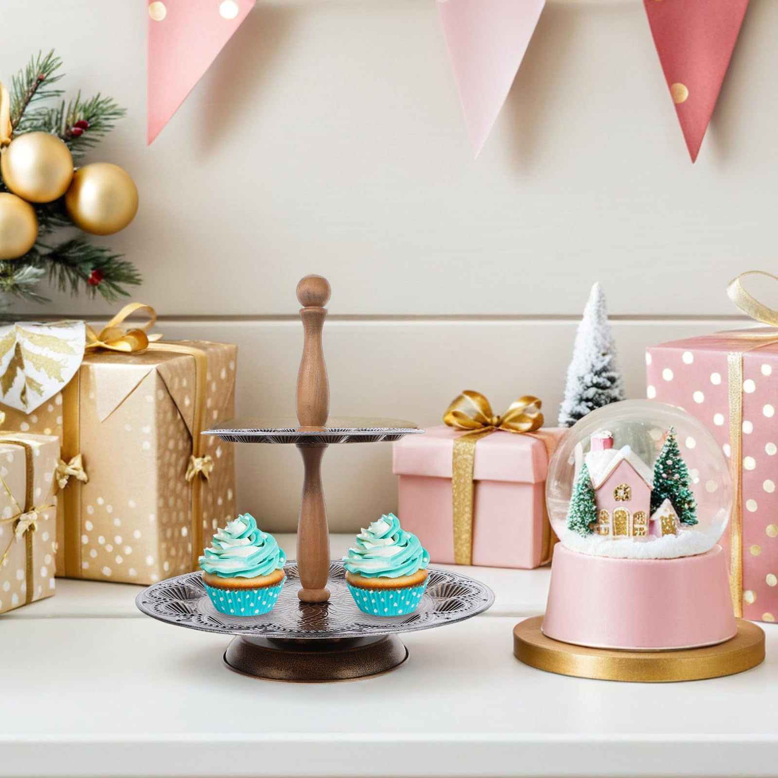 Soporte Rústico para Cupcakes y Tartas de Hierro Doble Capa y Diseño Desmontable, Bandeja Redonda de Madera para Exhibición en Reuniones y Barra de Café