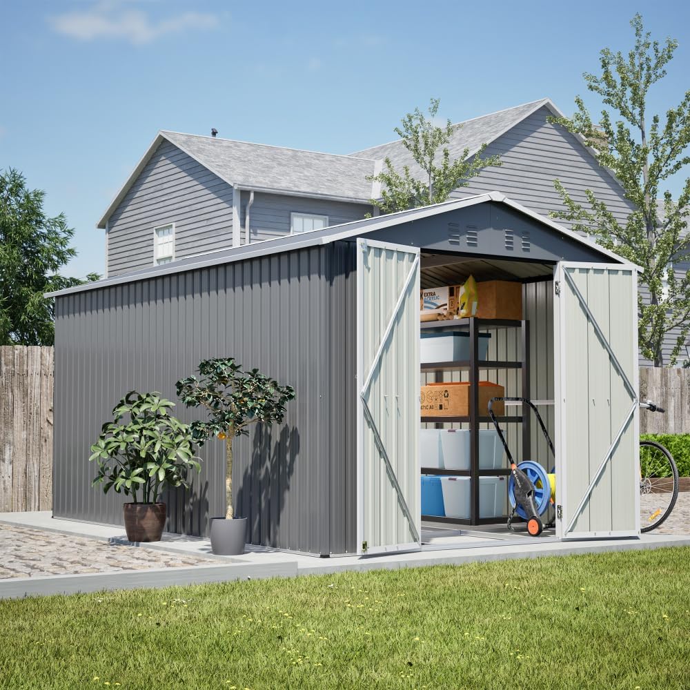 8x12 FT Outdoor Storage Shed with Aluminum Frame and Lockable Doors, Large Metal Tool Shed for Backyard Garden Patio, Grey