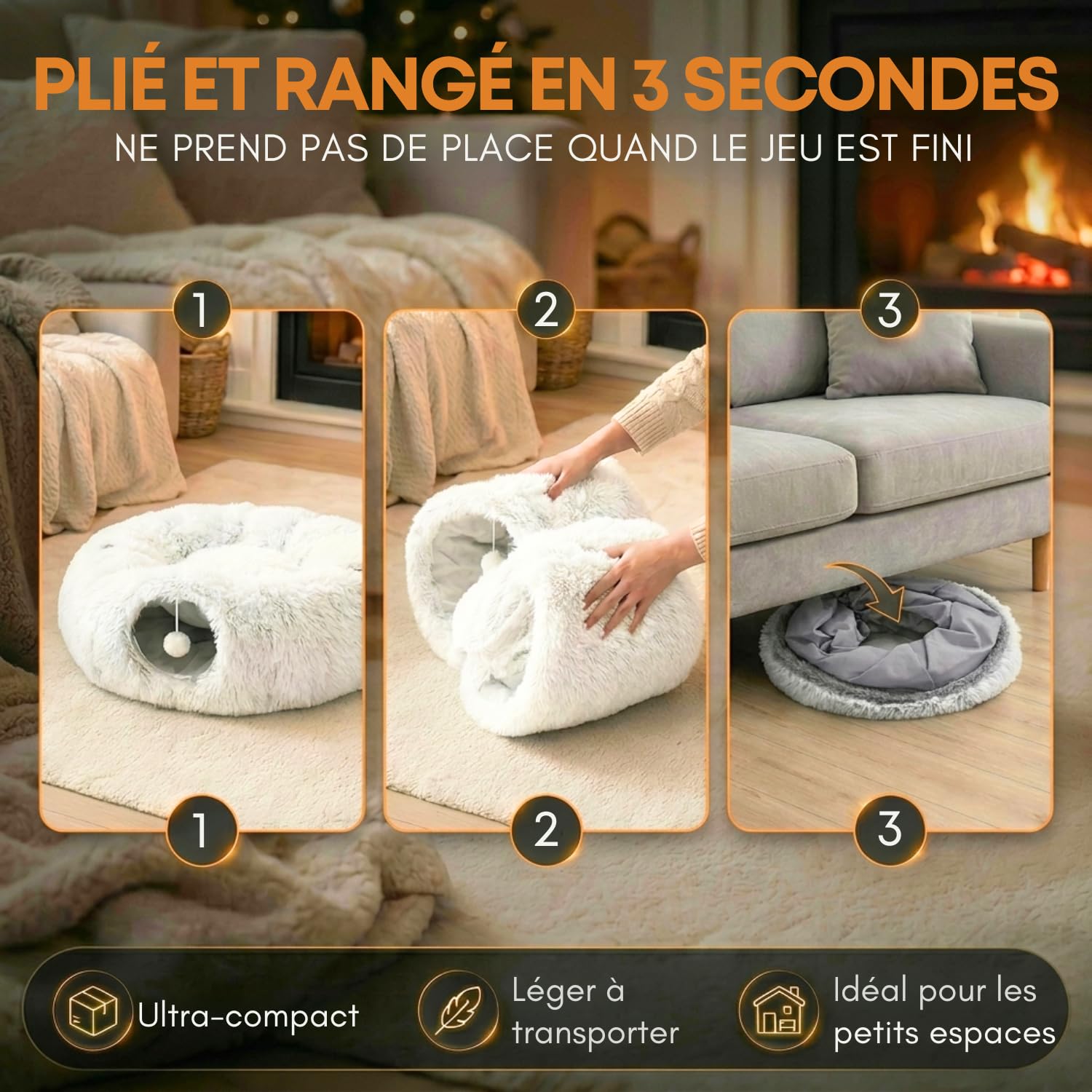 One PETS-TOP Tunnel Chat Rond XXL en Peluche Douce – Lit Tunnel Cachette Confort – Cabane Intérieure pour Chat – Cat Tunnel (Gris Perle)
