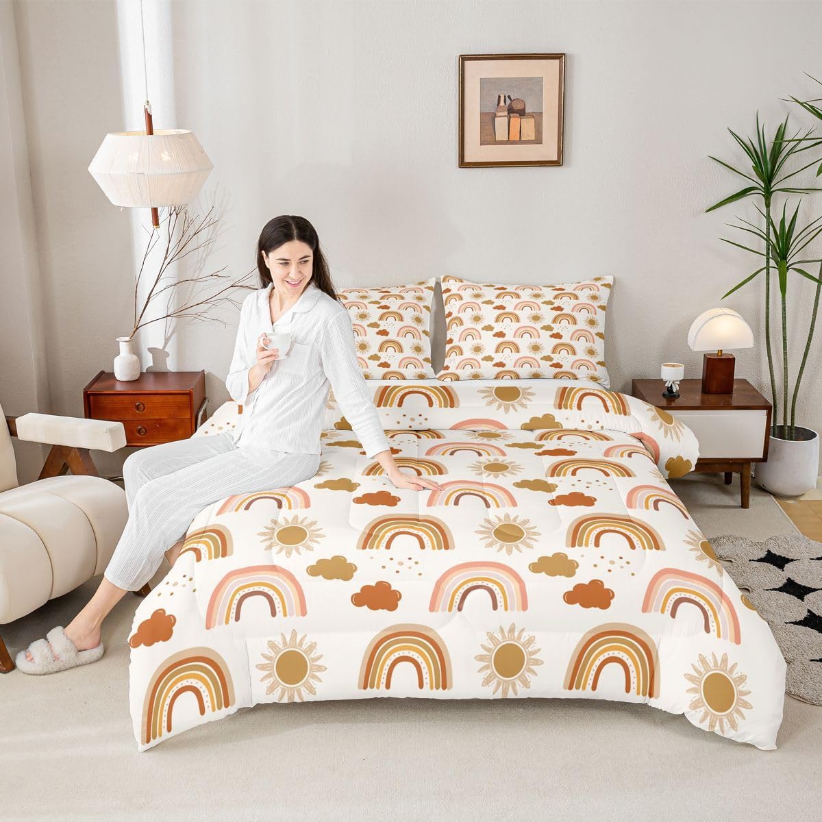 Erosebridal Cute Boho Rainbow Comforter Set for Boys Girls Bohemian Clouds Sun Bedding Full, Cartoon Rainbow Stripes Bedding Comforters Breathable Soft Quilt Duvet with 2 Pillowcases, Orange Beige