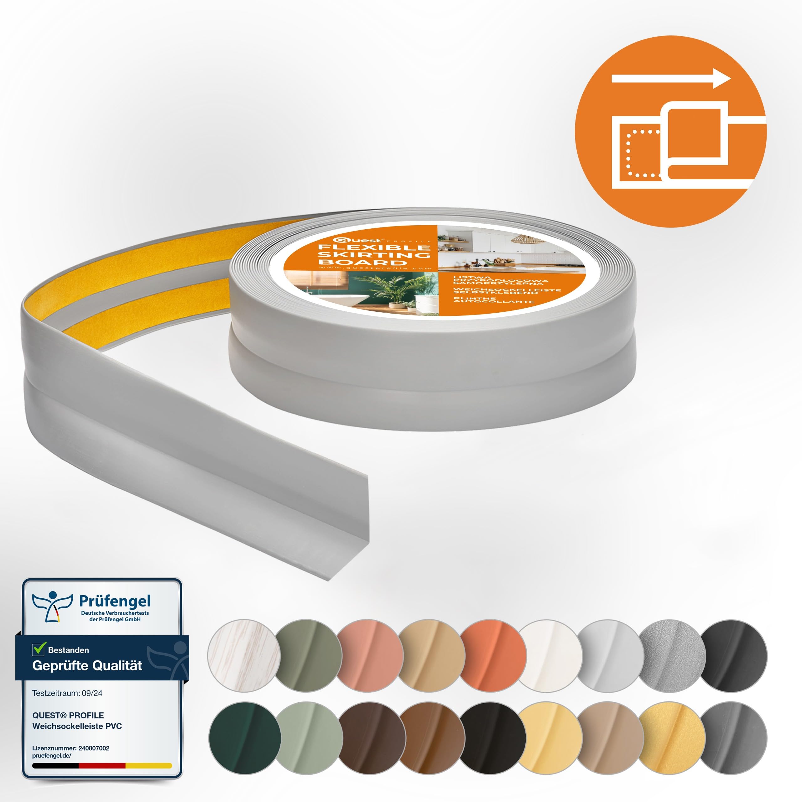 QUEST Listwa wykończeniowa PVC 25x25 mm, samoprzylepna, elastyczna, miękka taśma dekoracyjna, szary, 15 m