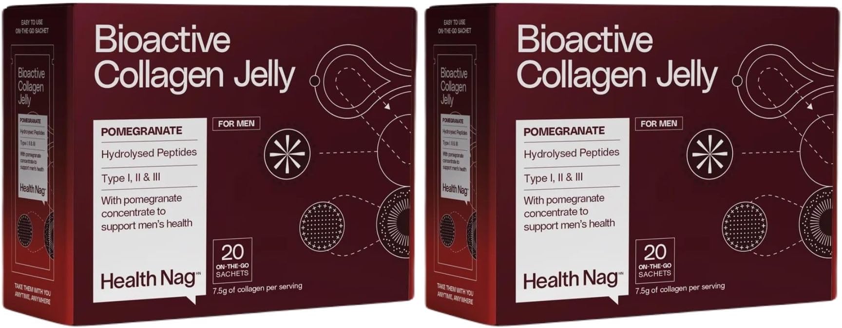 Bioactive Collagen Jelly - 20 Sachets in 1 Box,100% Pure Hydrolysed Peptides of Type I, II, III & IV On-The-Go-Sachets - Pomegranate - Pack of 2 (Delivered in a Chilled Van)