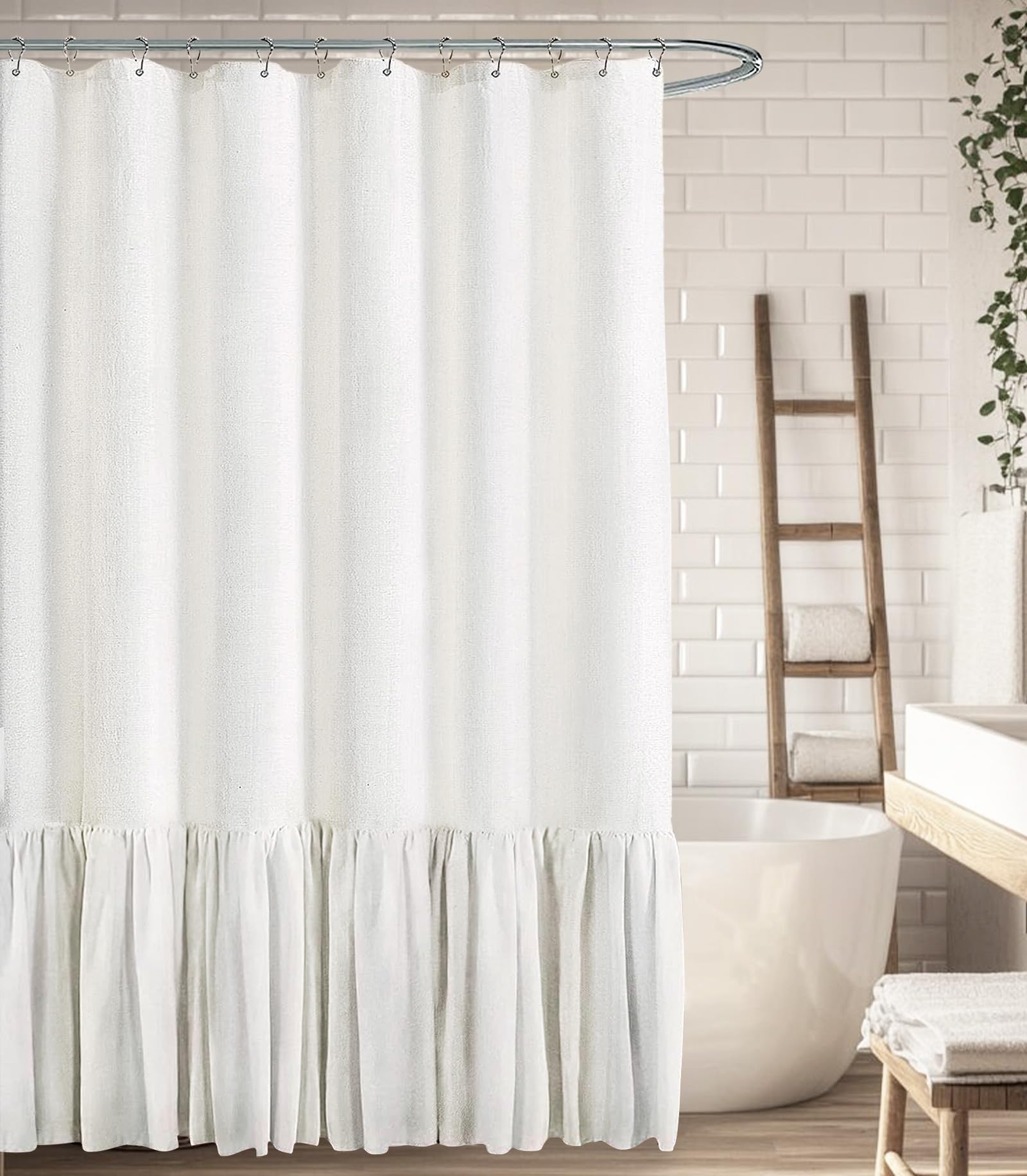 Photo 1 of [ ITEM IS STAINED] XOGUIBO Farmhouse Shower Curtain with Ruffle Hem Linen White Shower Curtains for Bathroom Country Vintage Rustic Natural Fabric, 72" W x 96" L