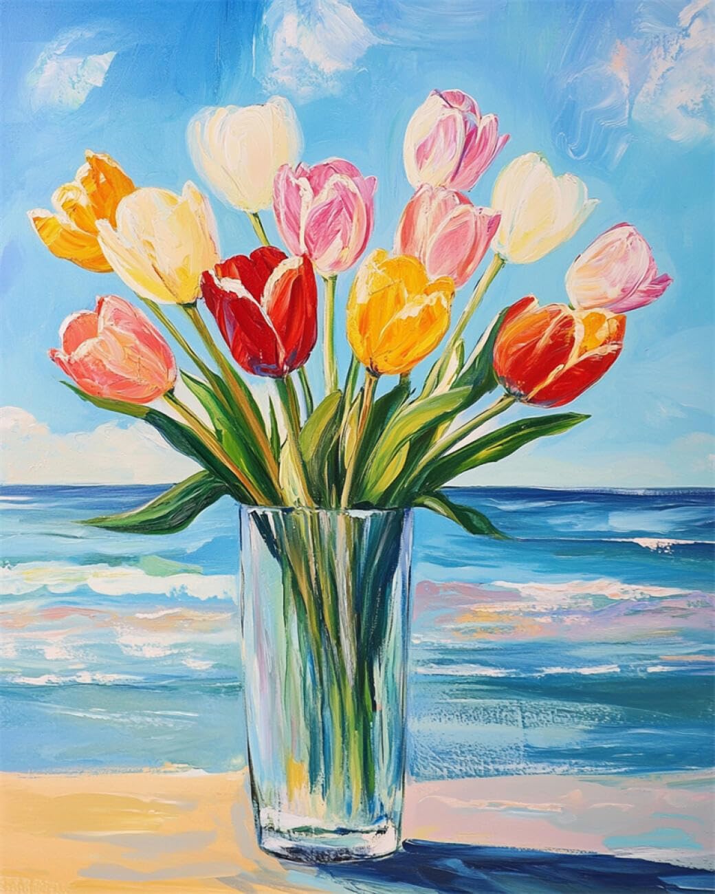 RKFLGEW Flowers 14CT Cross Stitch Kits for Beginners Colorful Tulips Preprinted Fabric Cross Stitch DIY Art Needlecrafts Embroidery Kits for Adults Beginners 40x50cm